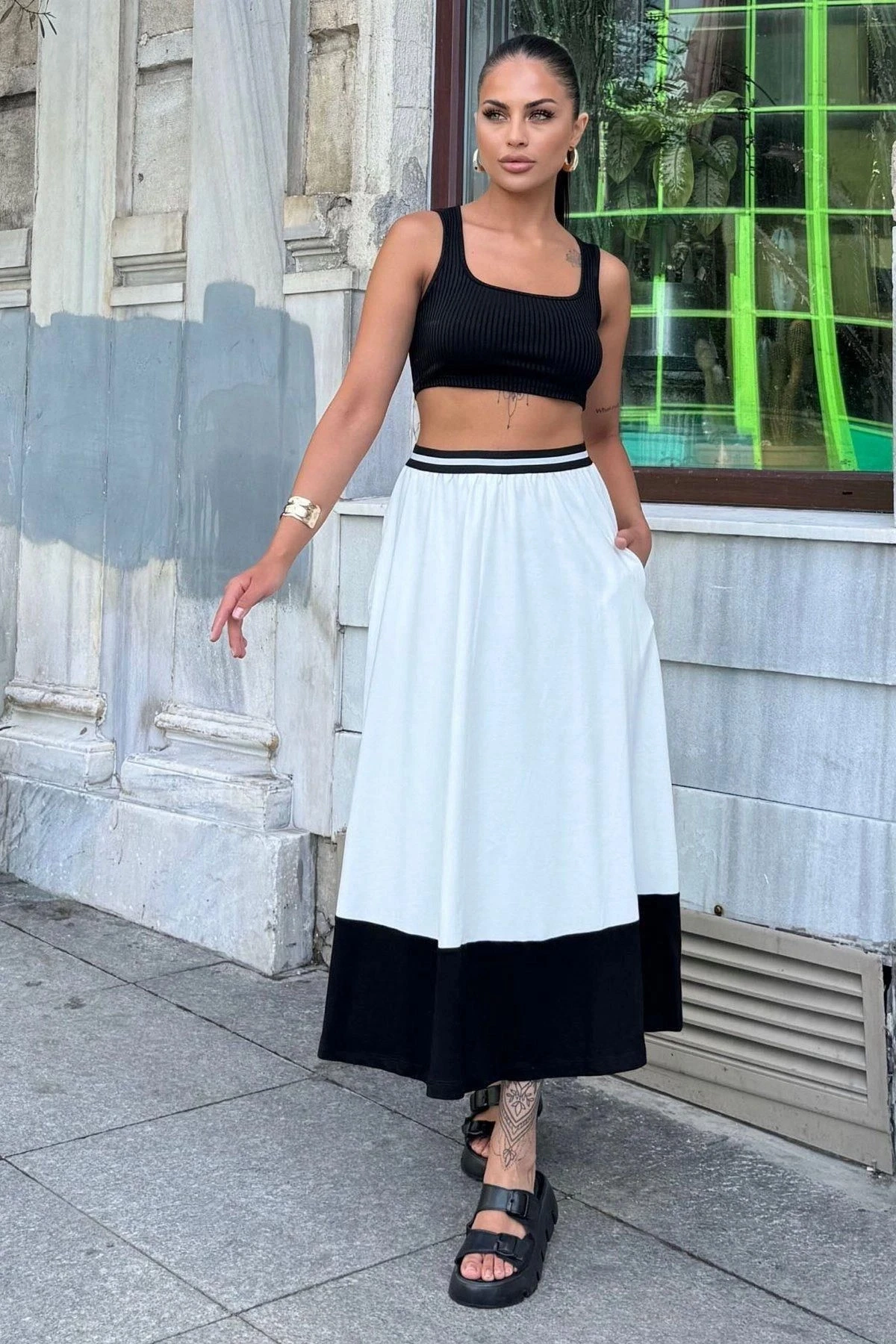 Kadın Beyaz & Siyah Color Block Desen,Beli Şerit Lastikli, Rahat Kalıp, Cepli Uzun Etek