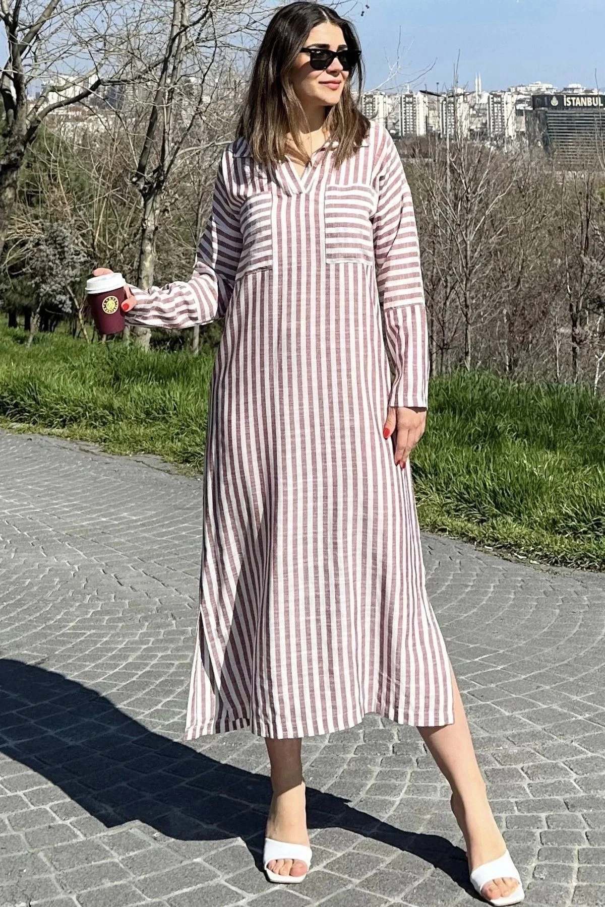 Kadın Bordo Çizgili, Polo Yaka, Yırtmaçlı, Çift Cepli, Salaş Keten Elbise