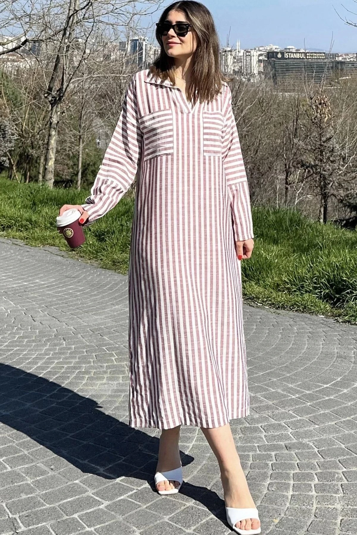 Kadın Bordo Çizgili, Polo Yaka, Yırtmaçlı, Çift Cepli, Salaş Keten Elbise