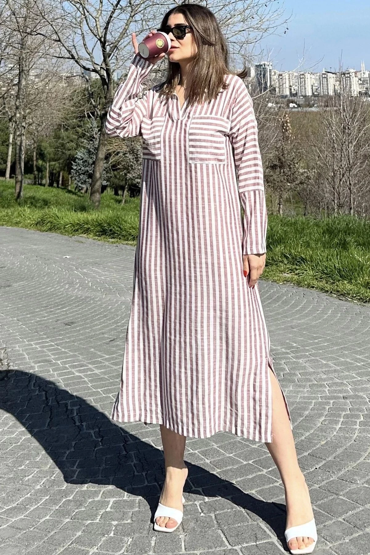 Kadın Bordo Çizgili, Polo Yaka, Yırtmaçlı, Çift Cepli, Salaş Keten Elbise