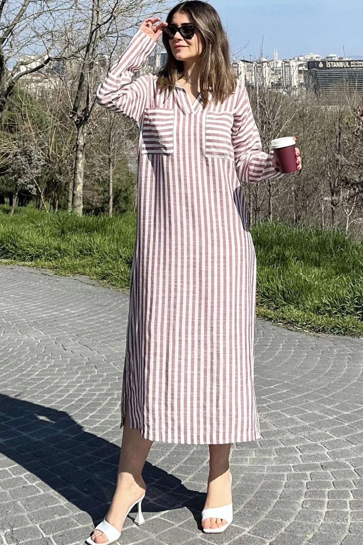 Kadın Bordo Çizgili, Polo Yaka, Yırtmaçlı, Çift Cepli, Salaş Keten Elbise