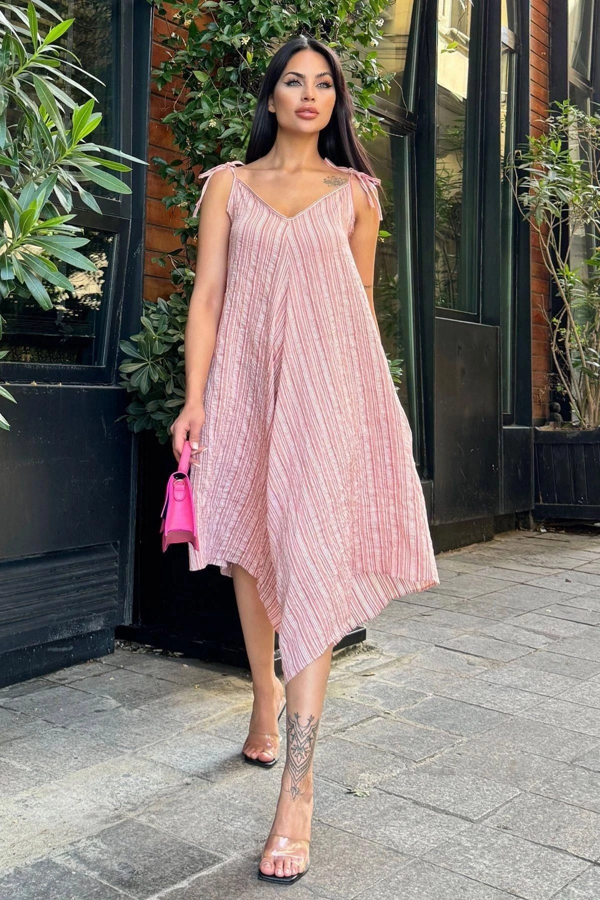 Kadın Bordo İp Askılı, Asimetrik Kesim, Dokulu Kumaş, Salaş Tulum