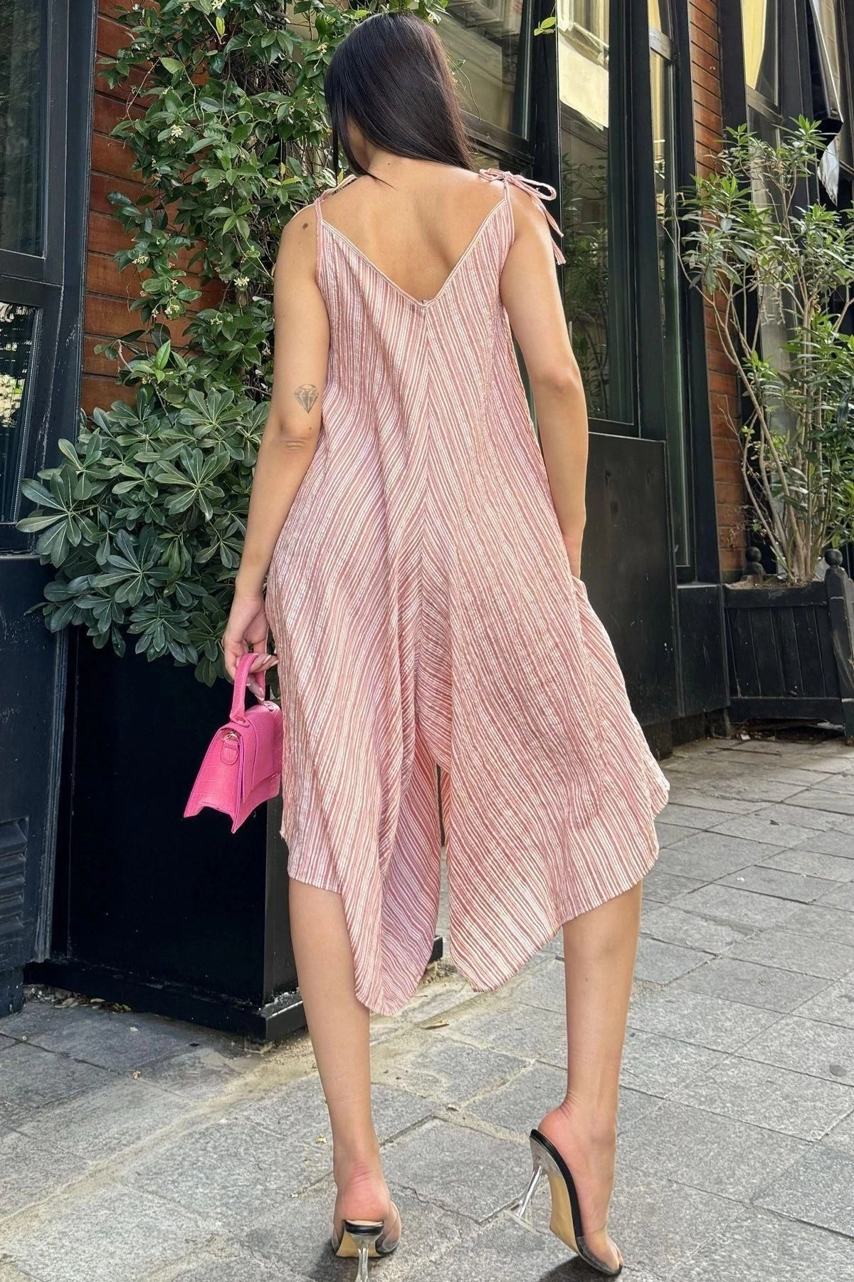 Kadın Bordo İp Askılı, Asimetrik Kesim, Dokulu Kumaş, Salaş Tulum