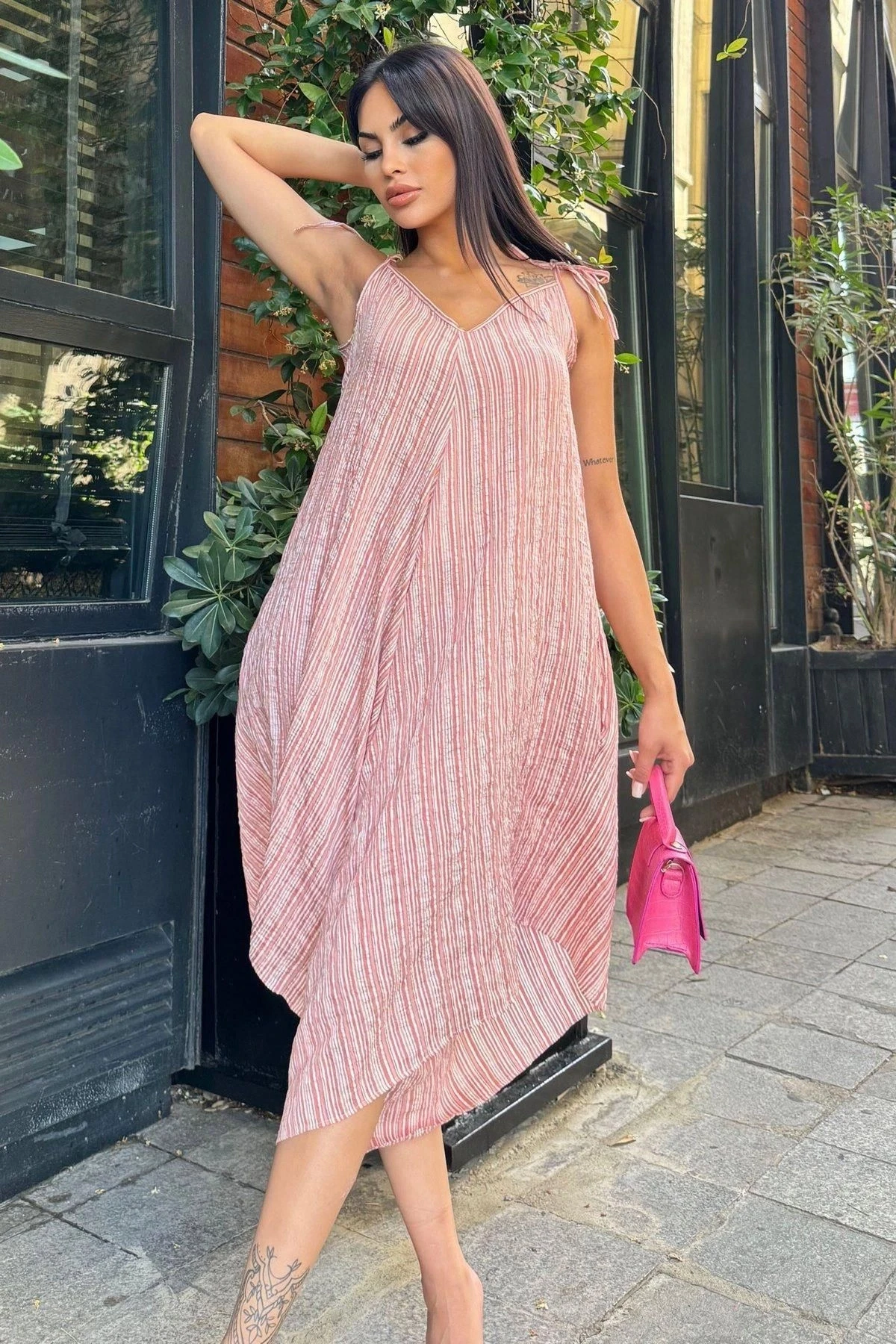 Kadın Bordo İp Askılı, Asimetrik Kesim, Dokulu Kumaş, Salaş Tulum