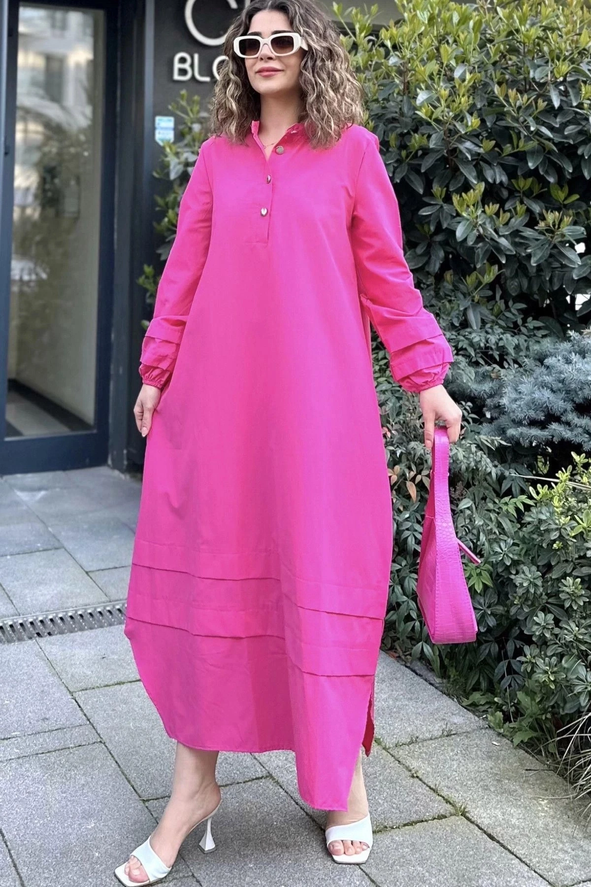 Kadın Fuşya Hakim Yaka, Lastikli Balon Kol, Etek Ve Kolu Kat Kumaş Dikişli, Uzun Salaş Elbise
