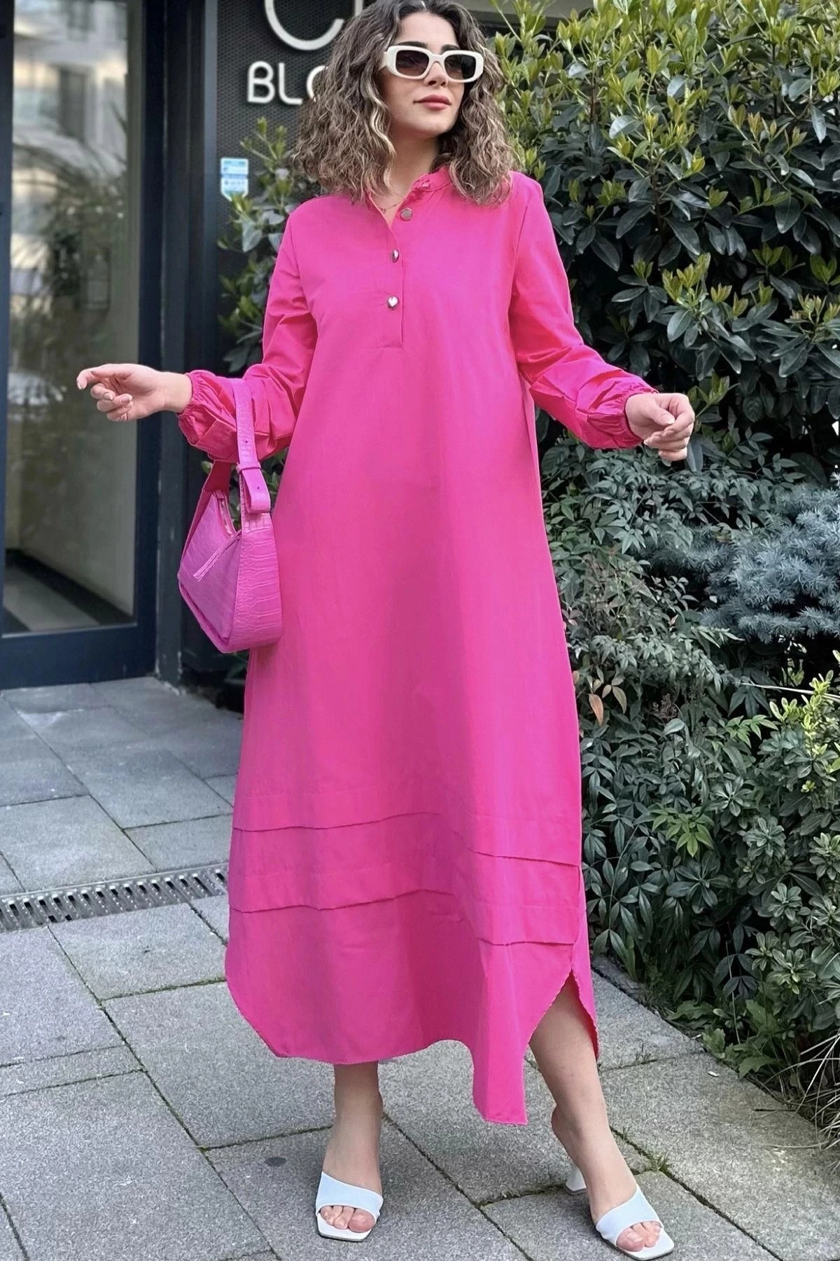 Kadın Fuşya Hakim Yaka, Lastikli Balon Kol, Etek Ve Kolu Kat Kumaş Dikişli, Uzun Salaş Elbise