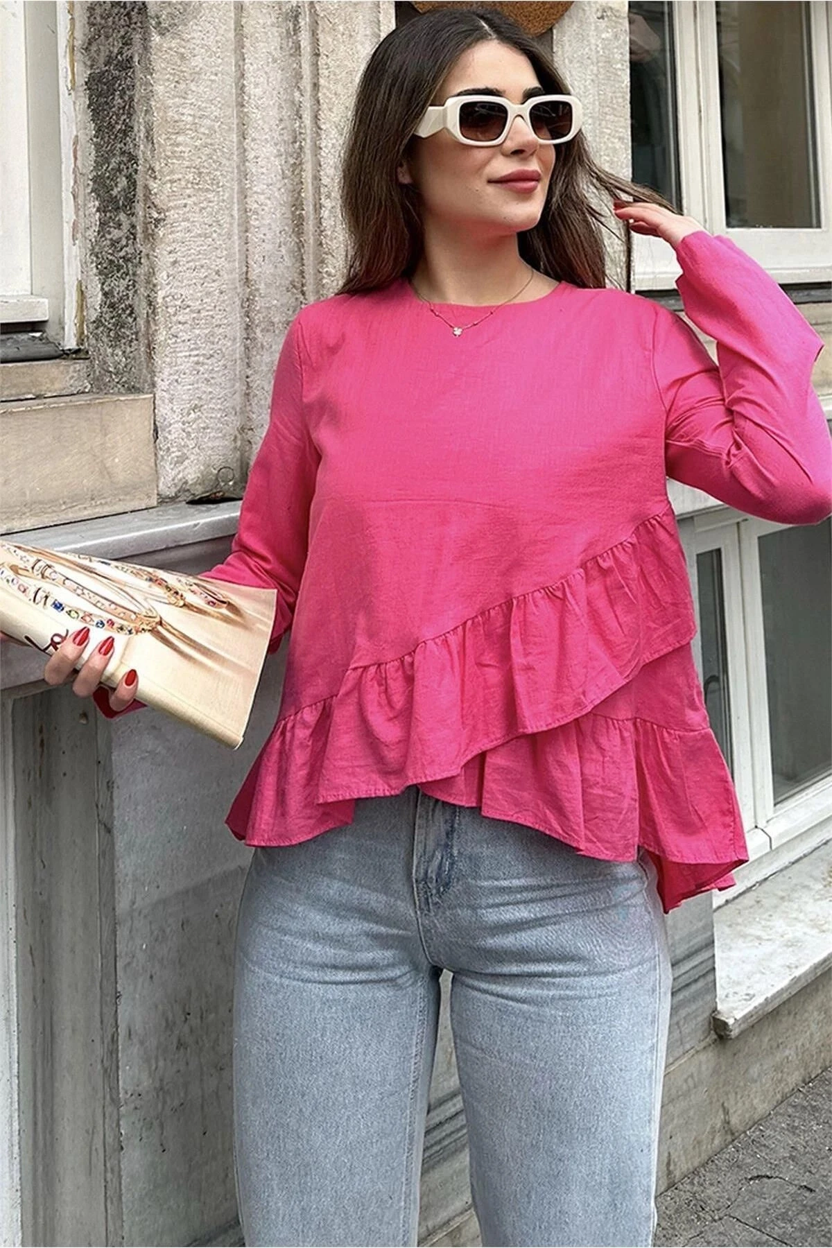 Kadın Fuşya Önü Fırfırlı, Yuvarlak Yaka, Arkası Uzun Pamuklu Salaş Bluz