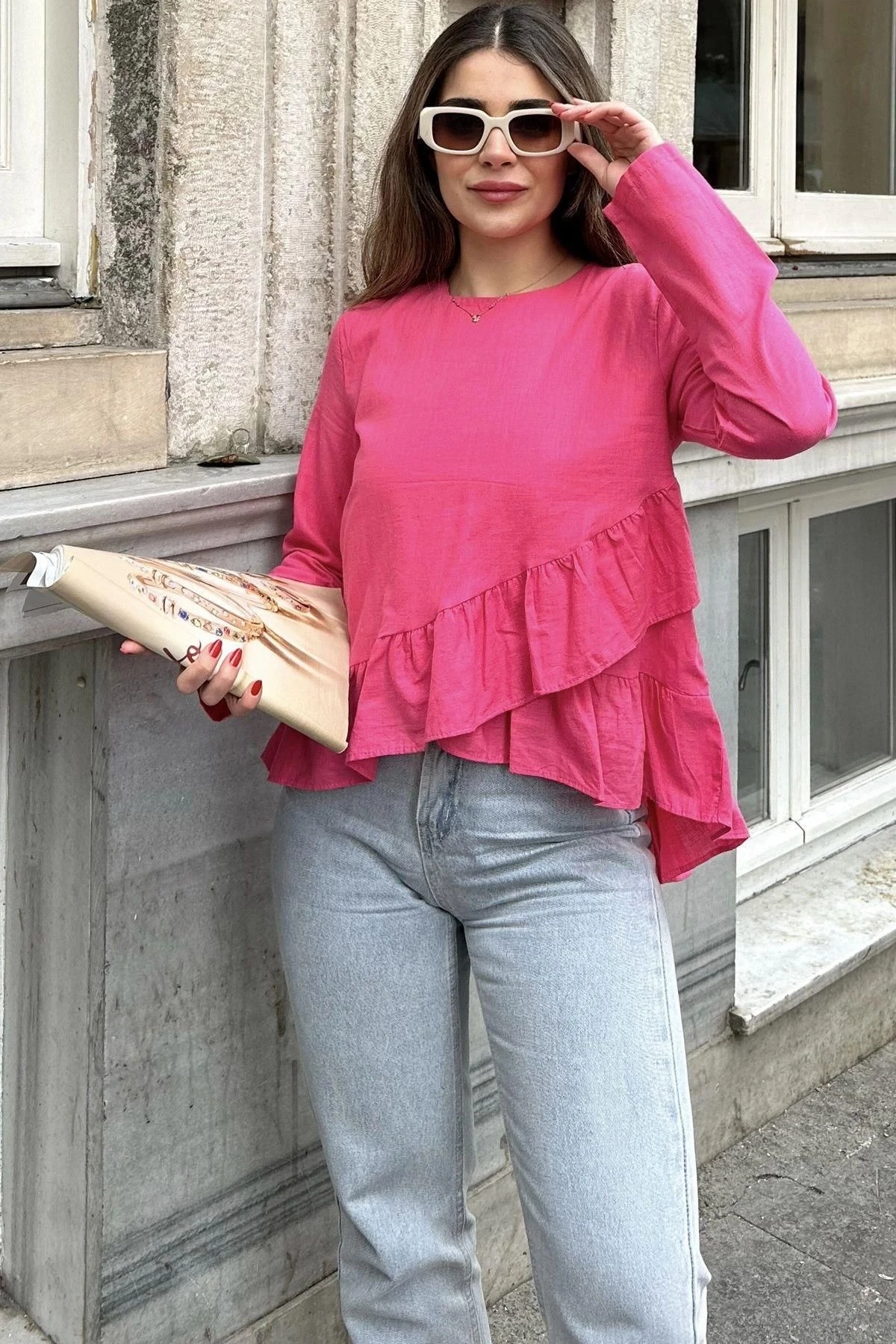 Kadın Fuşya Önü Fırfırlı, Yuvarlak Yaka, Arkası Uzun Pamuklu Salaş Bluz