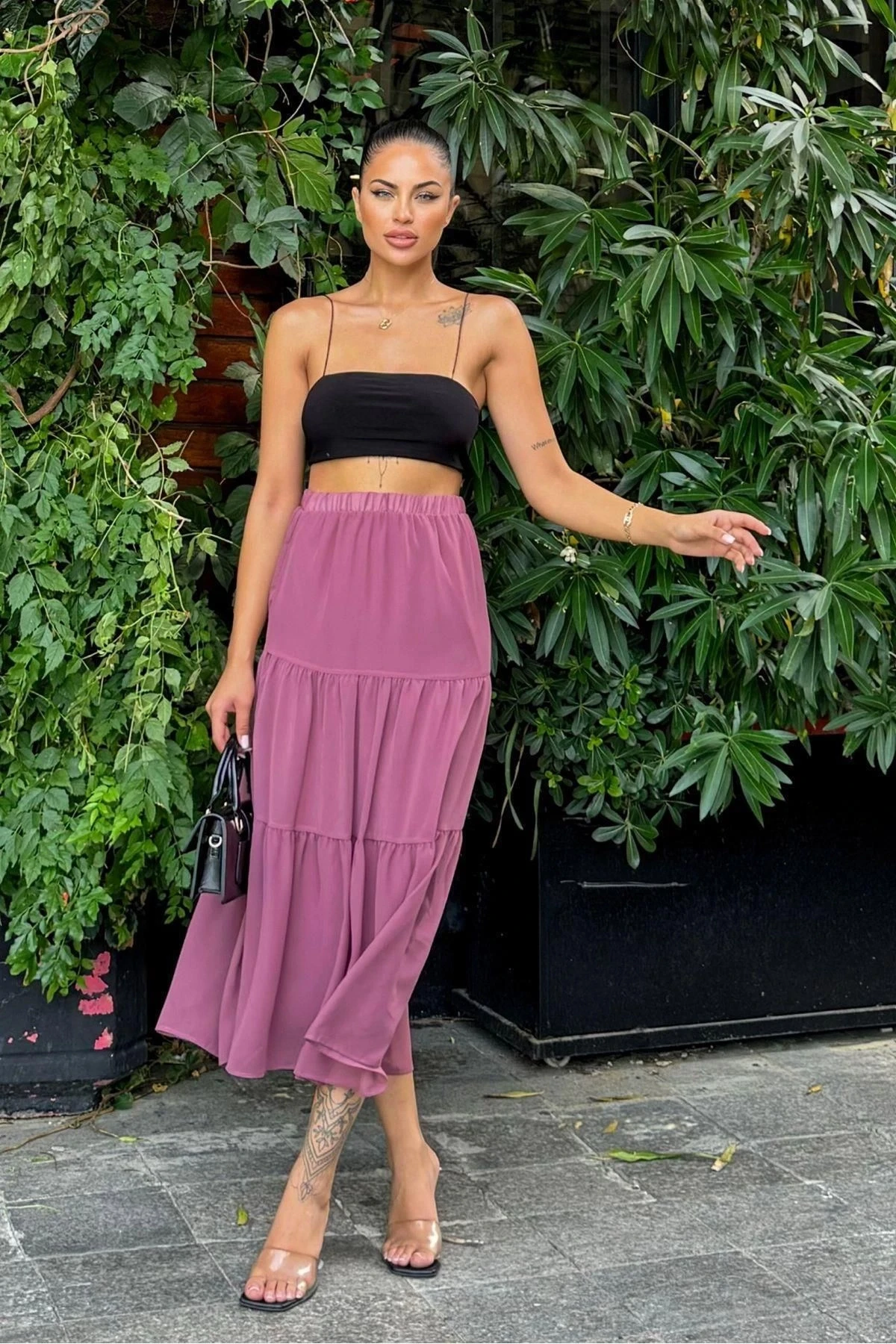 Kadın Gül Kurusu Kat Kumaşlı, Rahat Kesim, Bel Lastikli, Uzun Şifon Etek