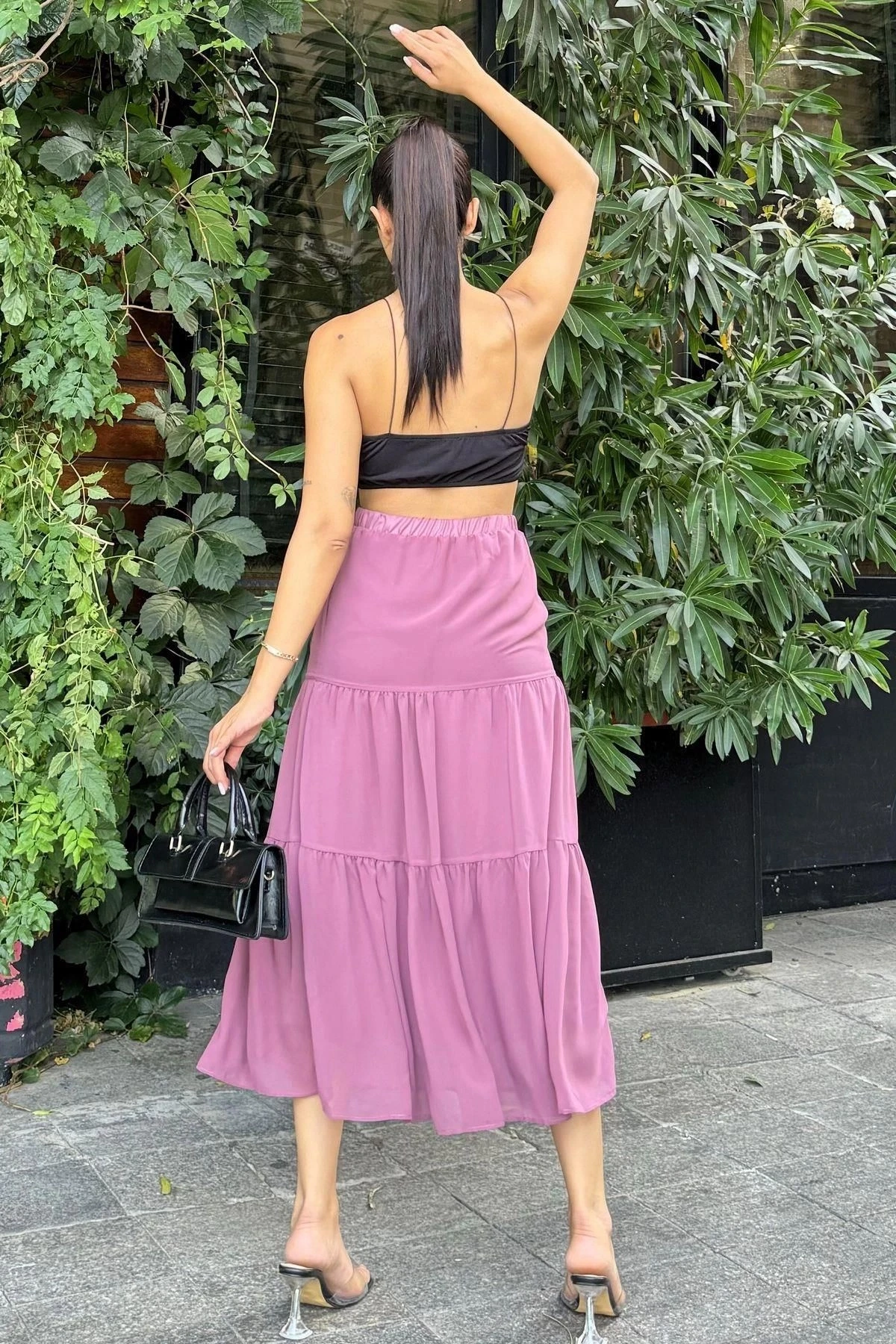 Kadın Gül Kurusu Kat Kumaşlı, Rahat Kesim, Bel Lastikli, Uzun Şifon Etek