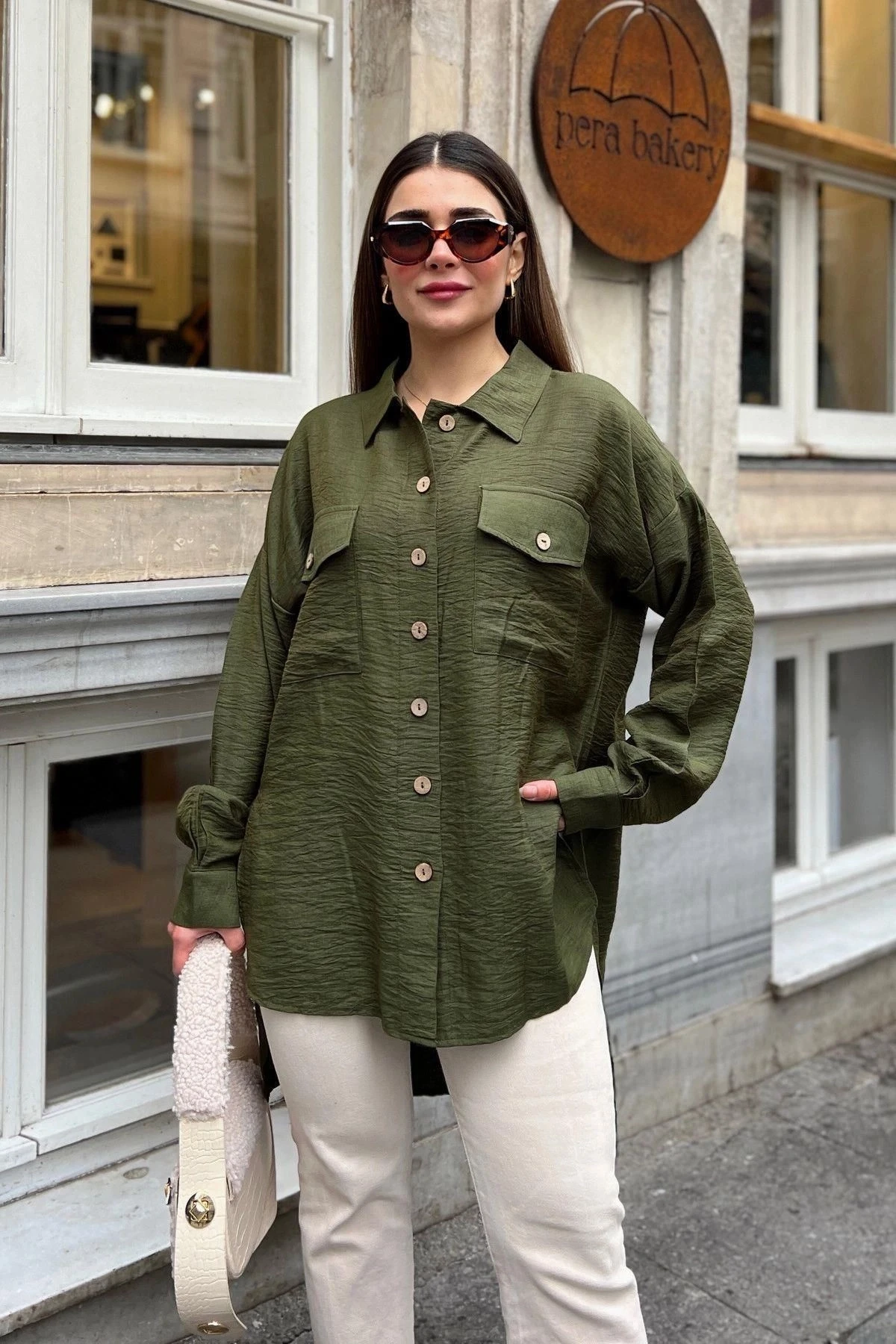 Kadın haki Balon Kol, Pileli, Yırtmaçlı, Oversize, Keten Tunik Gömlek