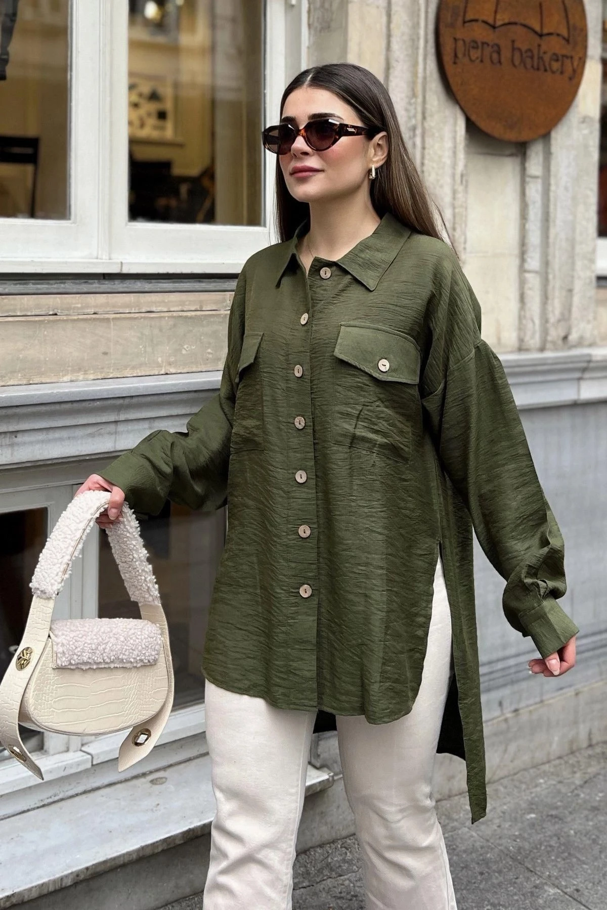 Kadın haki Balon Kol, Pileli, Yırtmaçlı, Oversize, Keten Tunik Gömlek