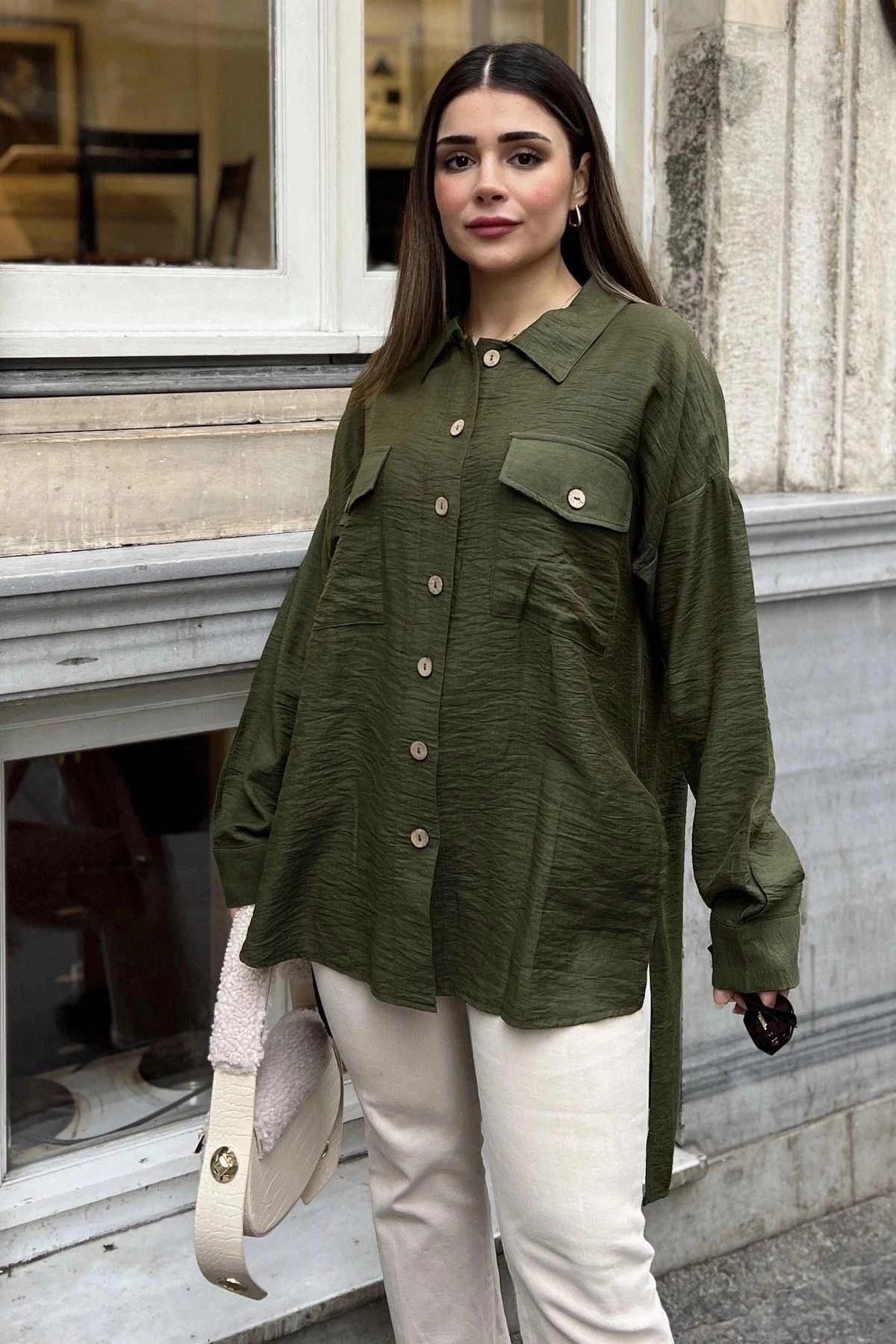 Kadın haki Balon Kol, Pileli, Yırtmaçlı, Oversize, Keten Tunik Gömlek