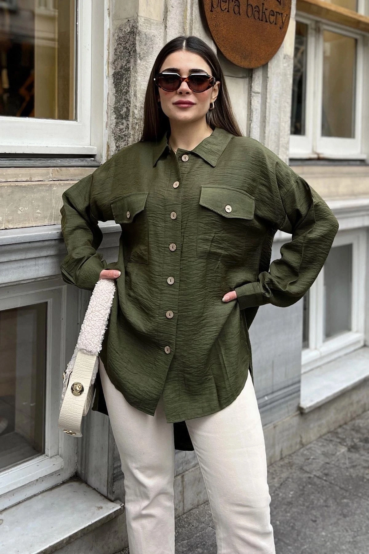 Kadın haki Balon Kol, Pileli, Yırtmaçlı, Oversize, Keten Tunik Gömlek