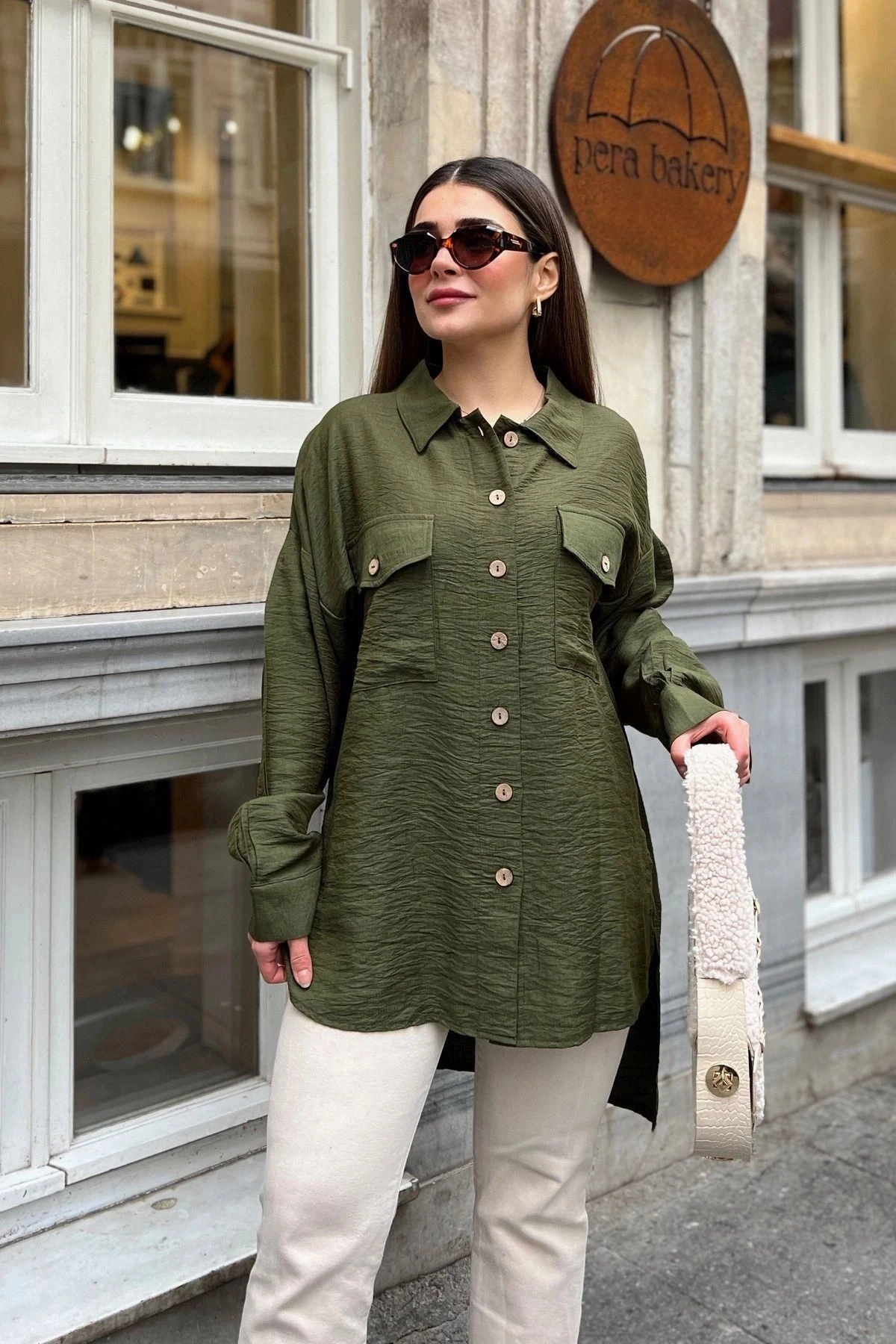 Kadın haki Balon Kol, Pileli, Yırtmaçlı, Oversize, Keten Tunik Gömlek