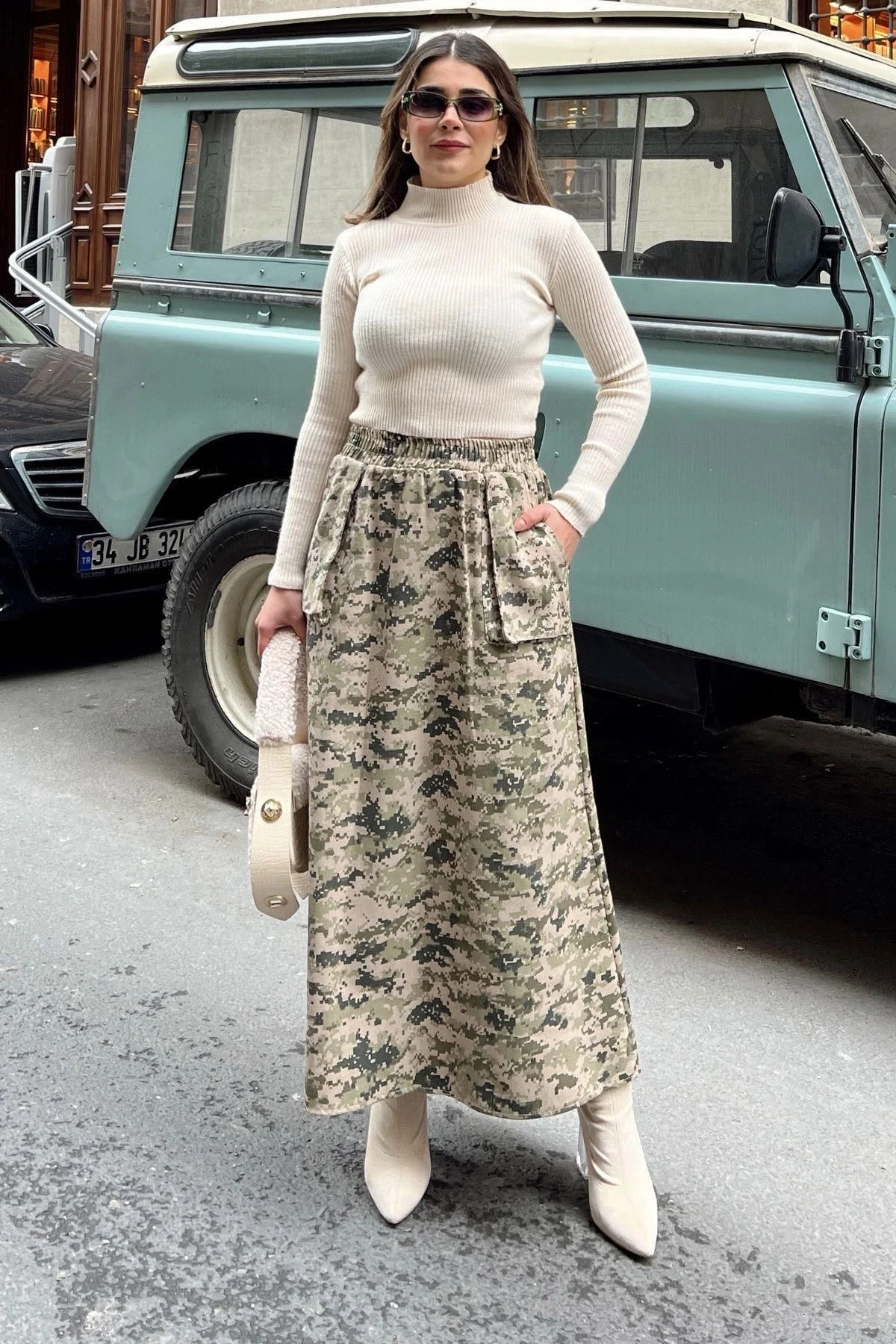 Kadın haki Beli Lastikli, Kargo Cepli, Rahat, Uzun Gabardin Kiloş Etek