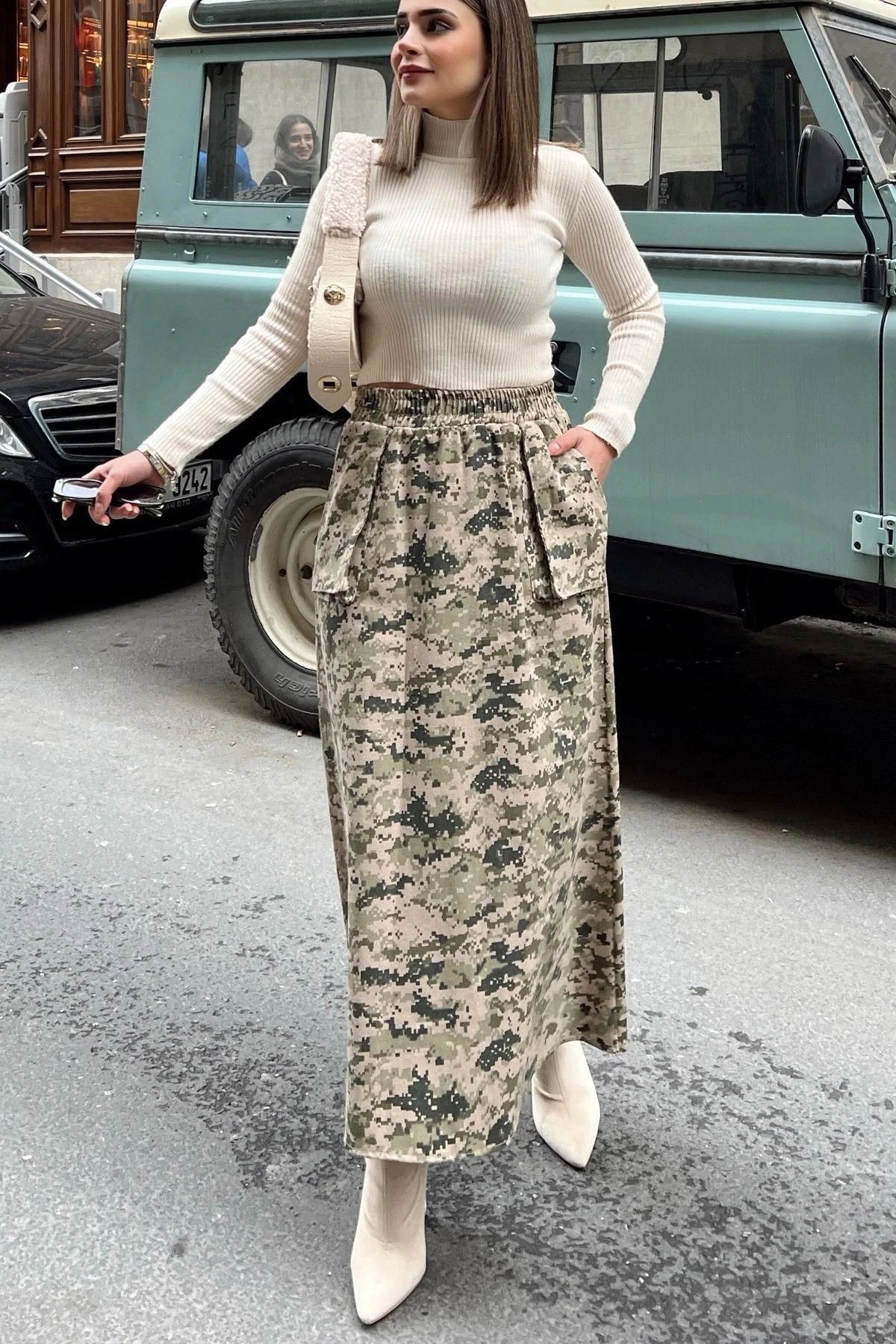 Kadın haki Beli Lastikli, Kargo Cepli, Rahat, Uzun Gabardin Kiloş Etek