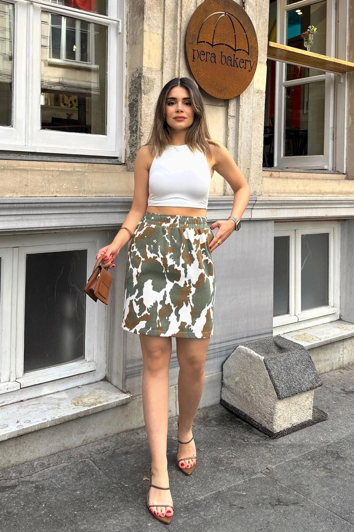 Kadın Haki & Ekru  Bel Lastikli, Rahat Mini Gabardin Etek