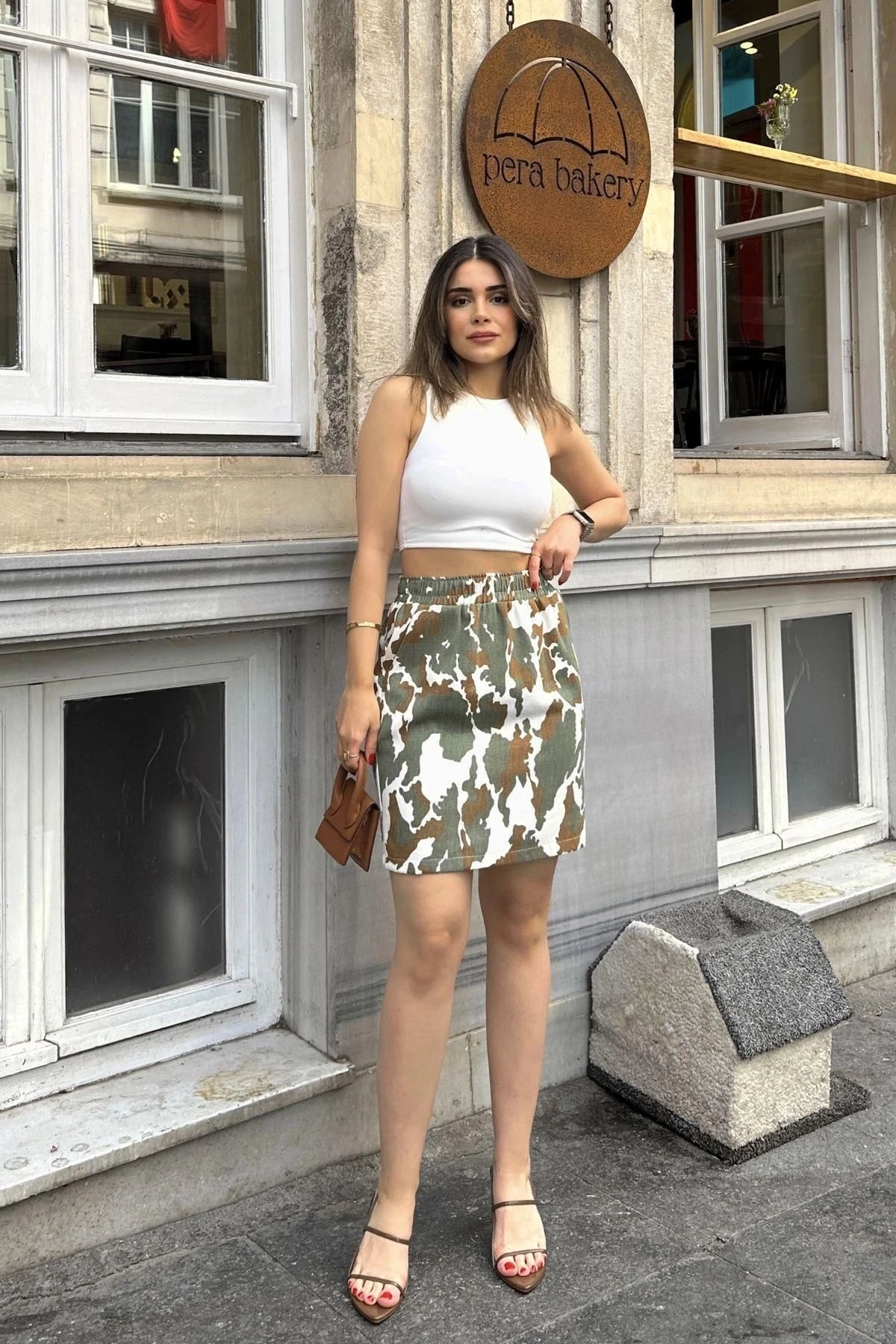 Kadın Haki & Ekru  Bel Lastikli, Rahat Mini Gabardin Etek