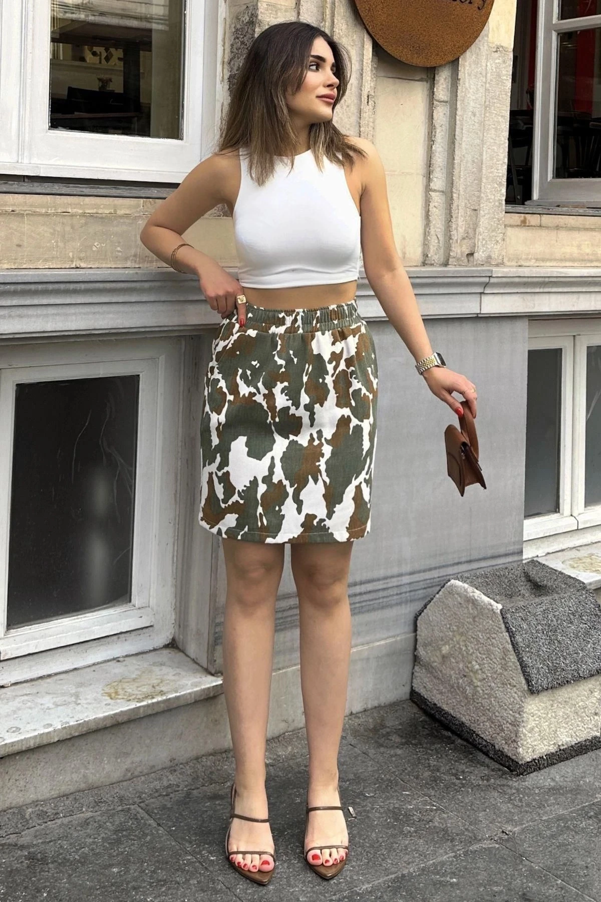 Kadın Haki & Ekru  Bel Lastikli, Rahat Mini Gabardin Etek