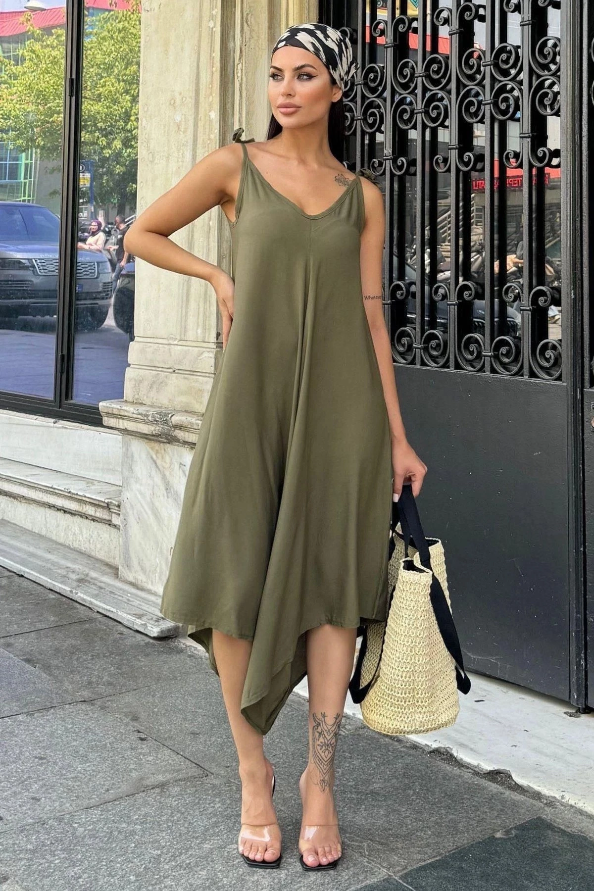 Kadın Haki İp Askılı, Asimetrik Kesim, Dokulu Terletmez Kumaş, Salaş Tulum