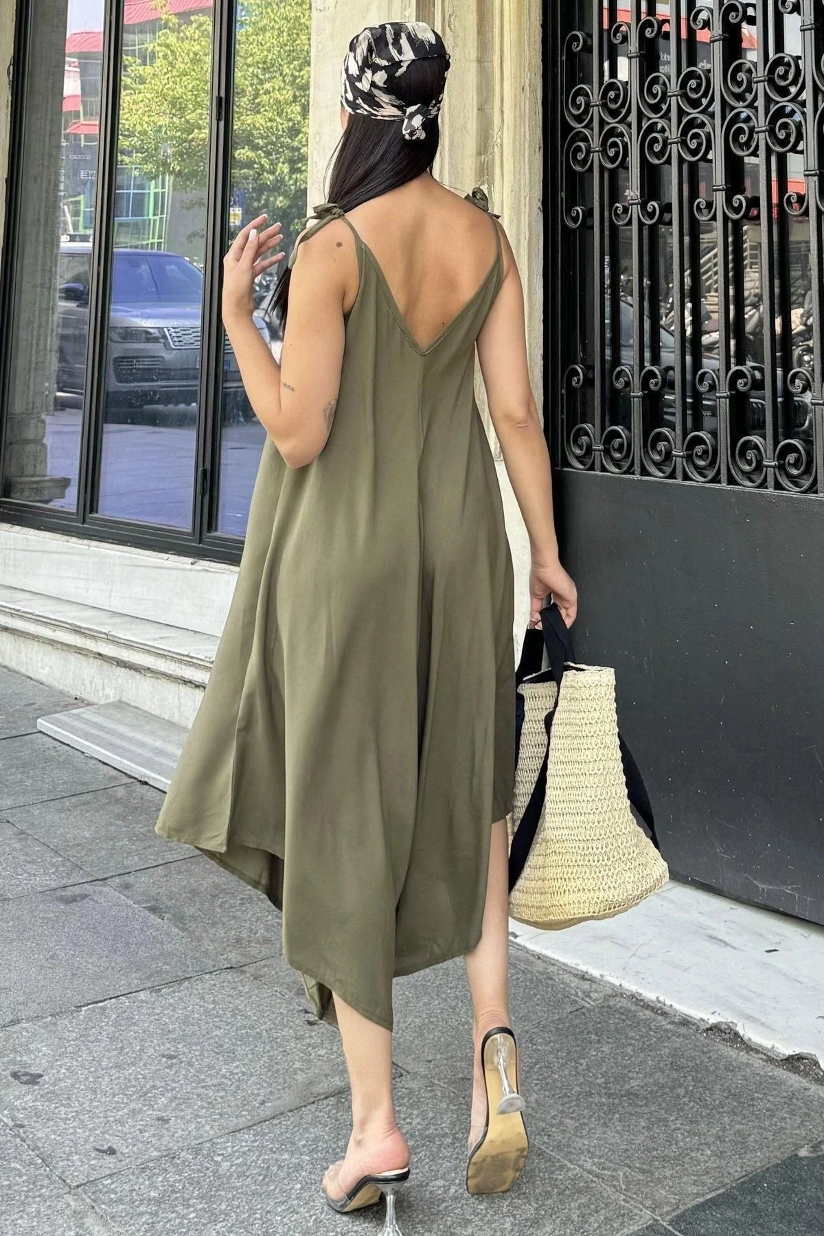 Kadın Haki İp Askılı, Asimetrik Kesim, Dokulu Terletmez Kumaş, Salaş Tulum