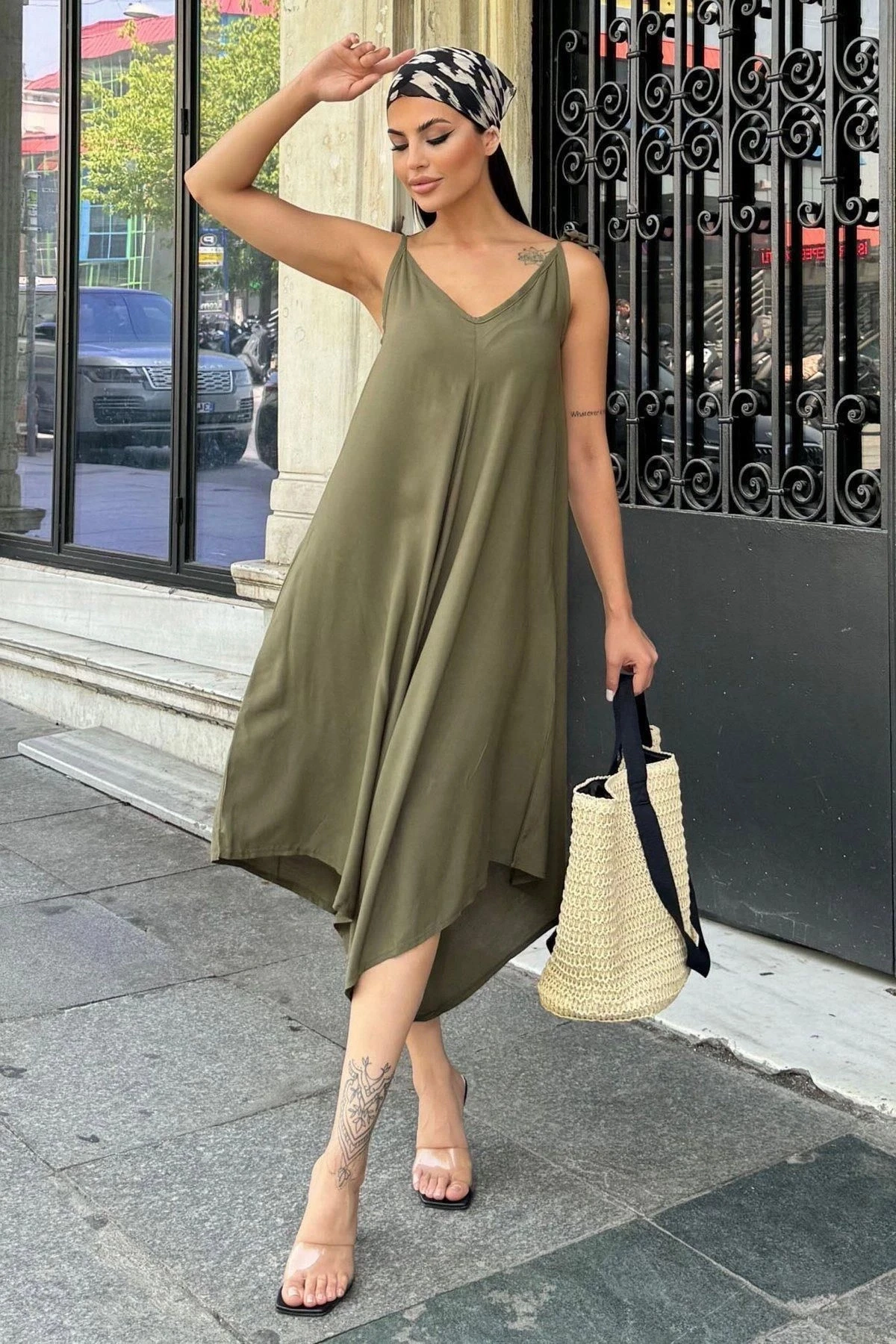 Kadın Haki İp Askılı, Asimetrik Kesim, Dokulu Terletmez Kumaş, Salaş Tulum