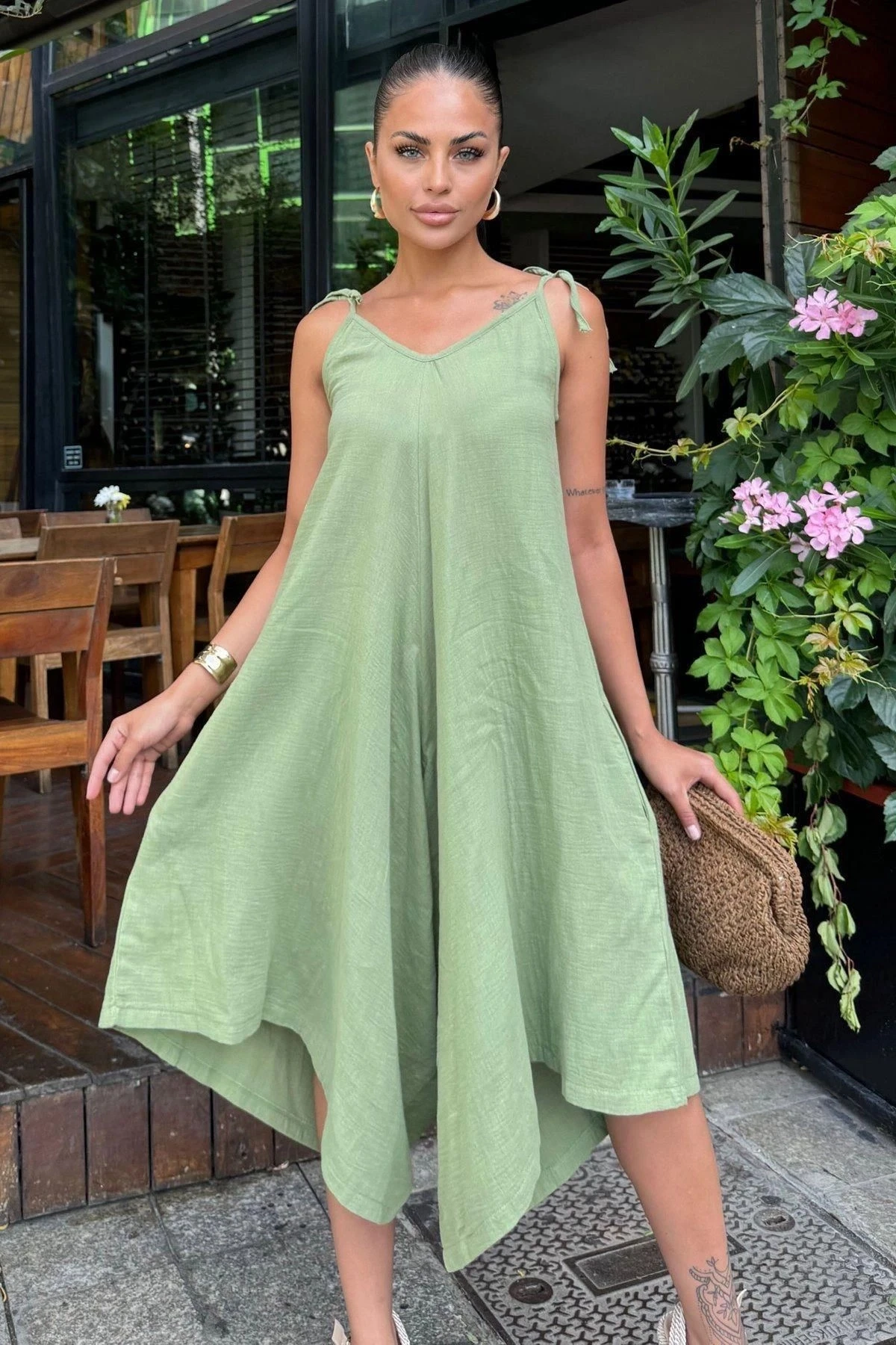 Kadın Haki İthal Müslin Kumaş, İp Askılı, Asimetrik Kesim, Terletmez, Salaş Tulum