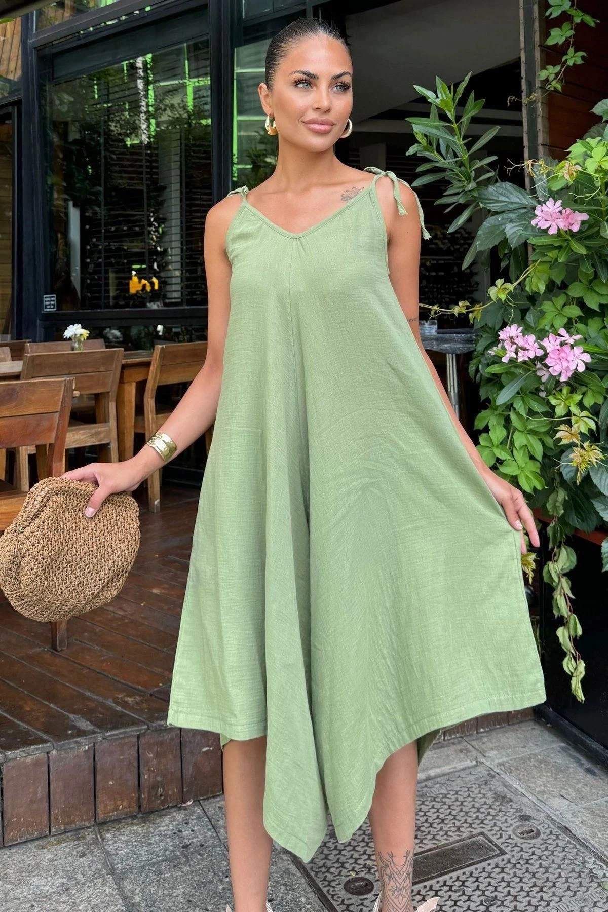 Kadın Haki İthal Müslin Kumaş, İp Askılı, Asimetrik Kesim, Terletmez, Salaş Tulum