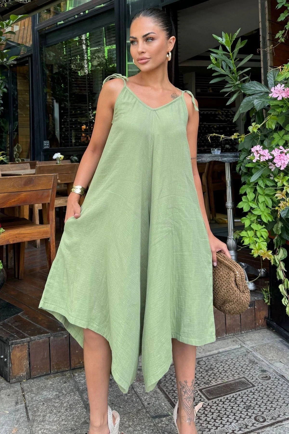 Kadın Haki İthal Müslin Kumaş, İp Askılı, Asimetrik Kesim, Terletmez, Salaş Tulum