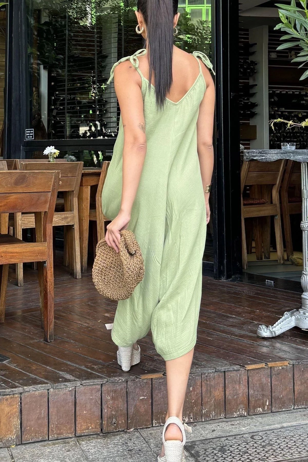 Kadın Haki İthal Müslin Kumaş, İp Askılı, Asimetrik Kesim, Terletmez, Salaş Tulum