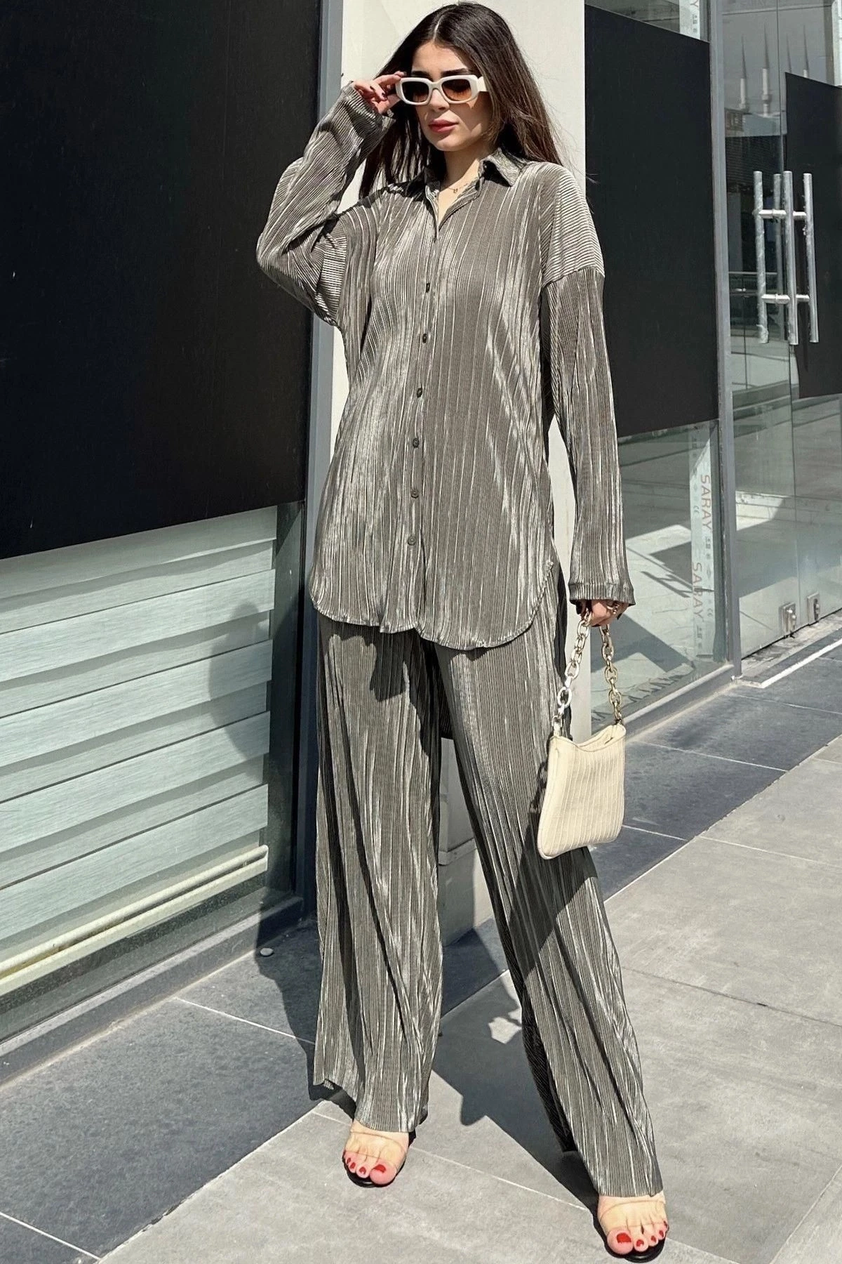 Kadın Haki Uzun Tunik Gömlek & Beli Lastikli, Bol Paça Pantolon - Salaş Bürümcük Takım