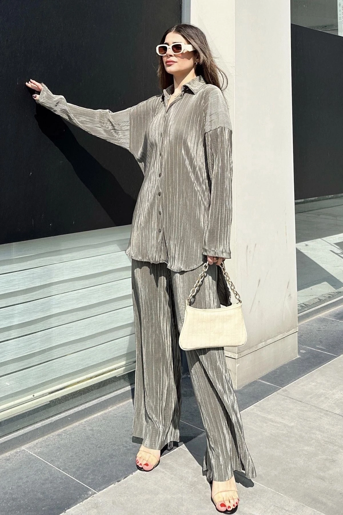 Kadın Haki Uzun Tunik Gömlek & Beli Lastikli, Bol Paça Pantolon - Salaş Bürümcük Takım