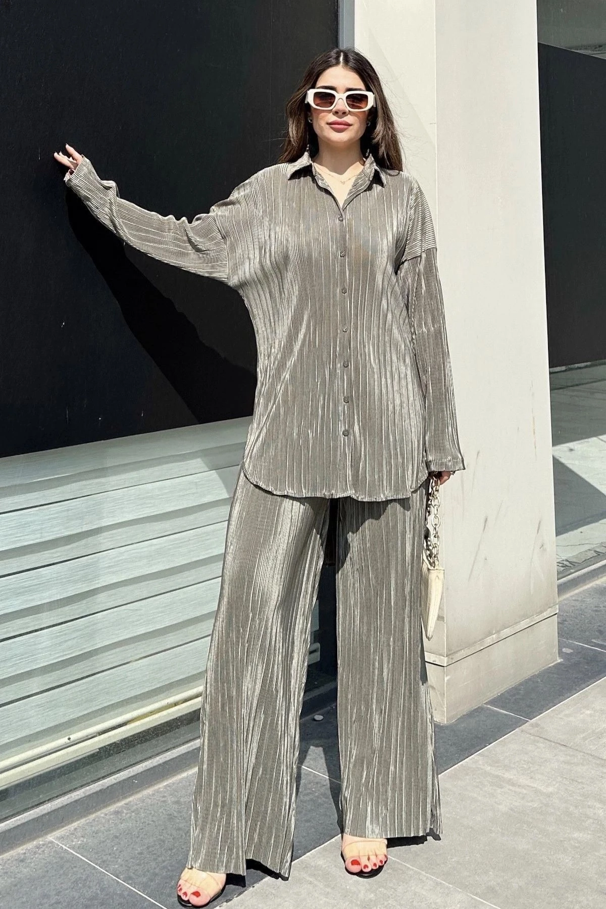 Kadın Haki Uzun Tunik Gömlek & Beli Lastikli, Bol Paça Pantolon - Salaş Bürümcük Takım