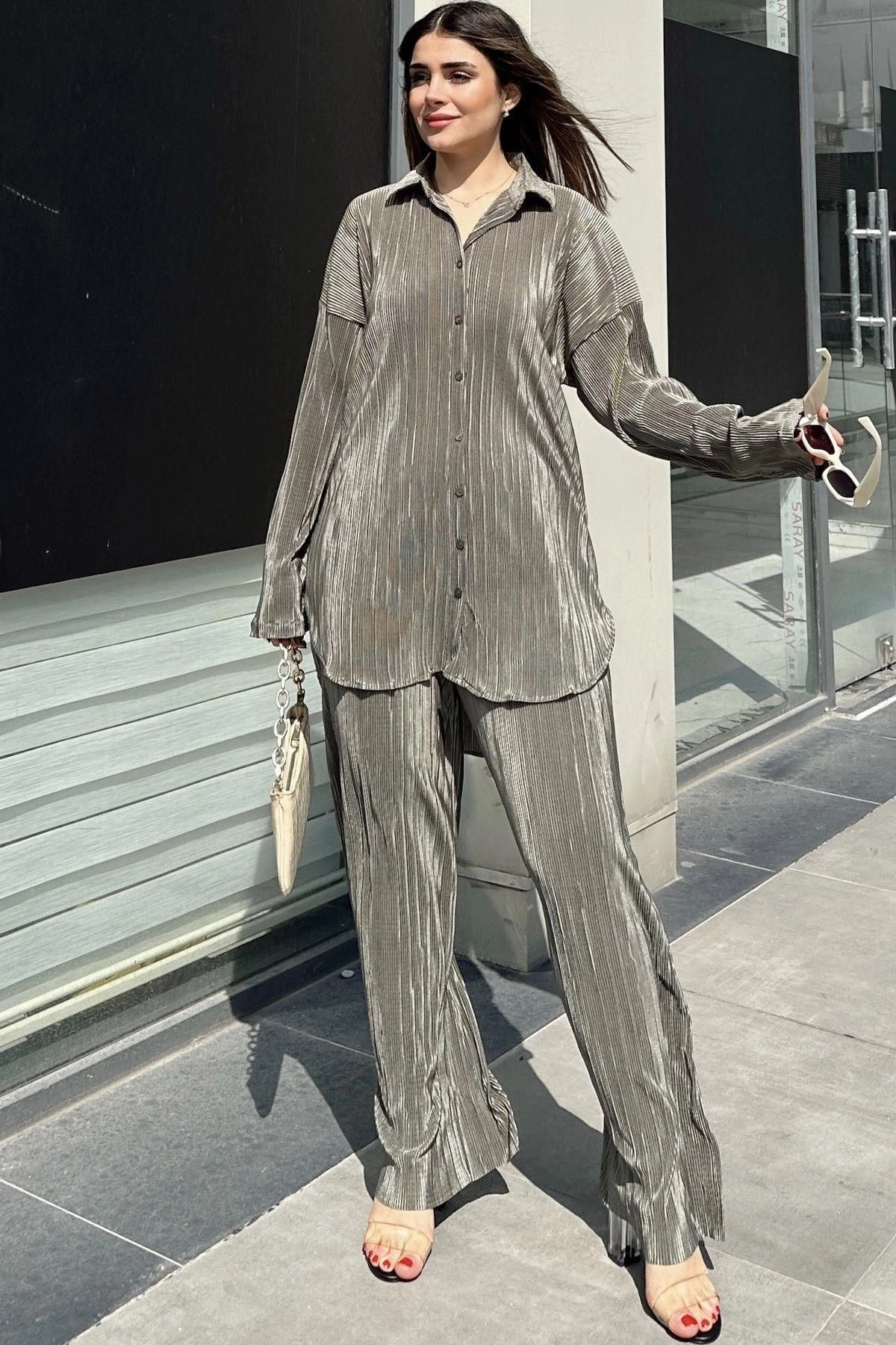 Kadın Haki Uzun Tunik Gömlek & Beli Lastikli, Bol Paça Pantolon - Salaş Bürümcük Takım