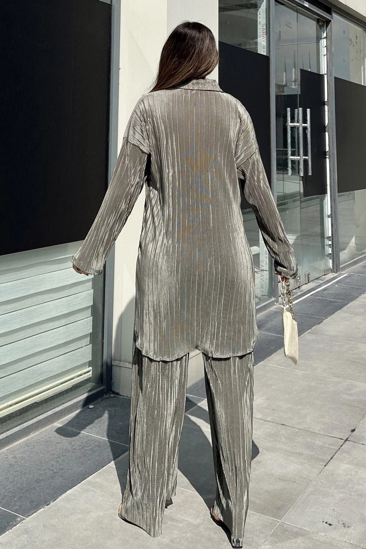 Kadın Haki Uzun Tunik Gömlek & Beli Lastikli, Bol Paça Pantolon - Salaş Bürümcük Takım