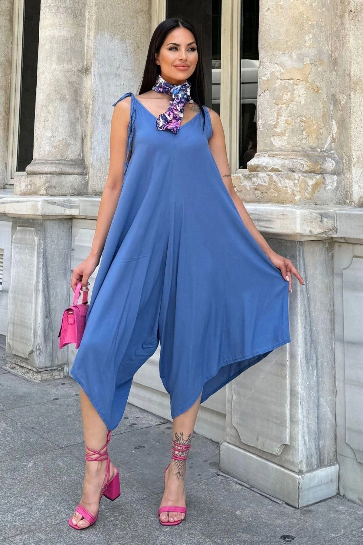 Kadın İndigo İp Askılı, Asimetrik Kesim, Dokulu Terletmez Kumaş, Salaş Tulum