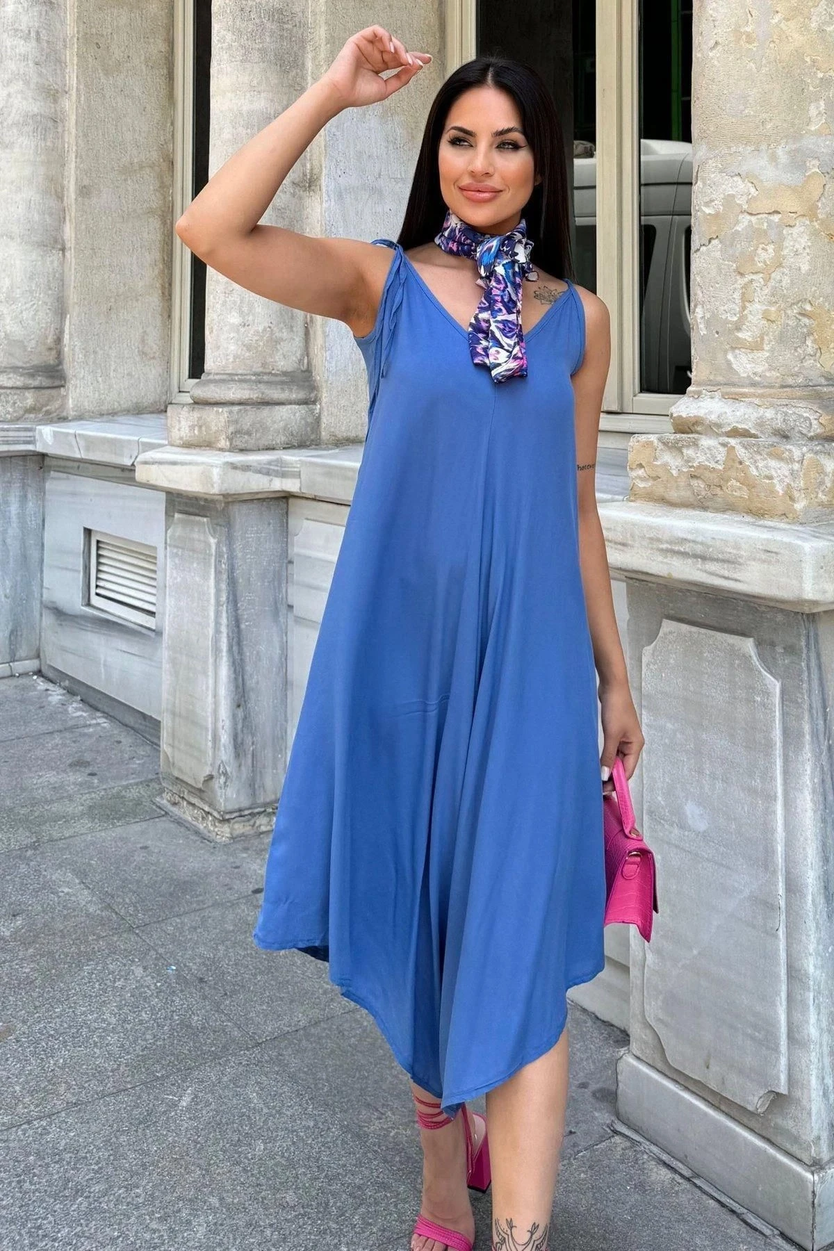 Kadın İndigo İp Askılı, Asimetrik Kesim, Dokulu Terletmez Kumaş, Salaş Tulum