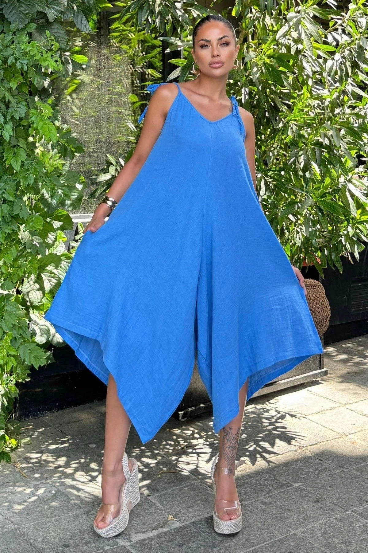 Kadın İndigo İthal Müslin Kumaş, İp Askılı, Asimetrik Kesim, Terletmez, Salaş Tulum