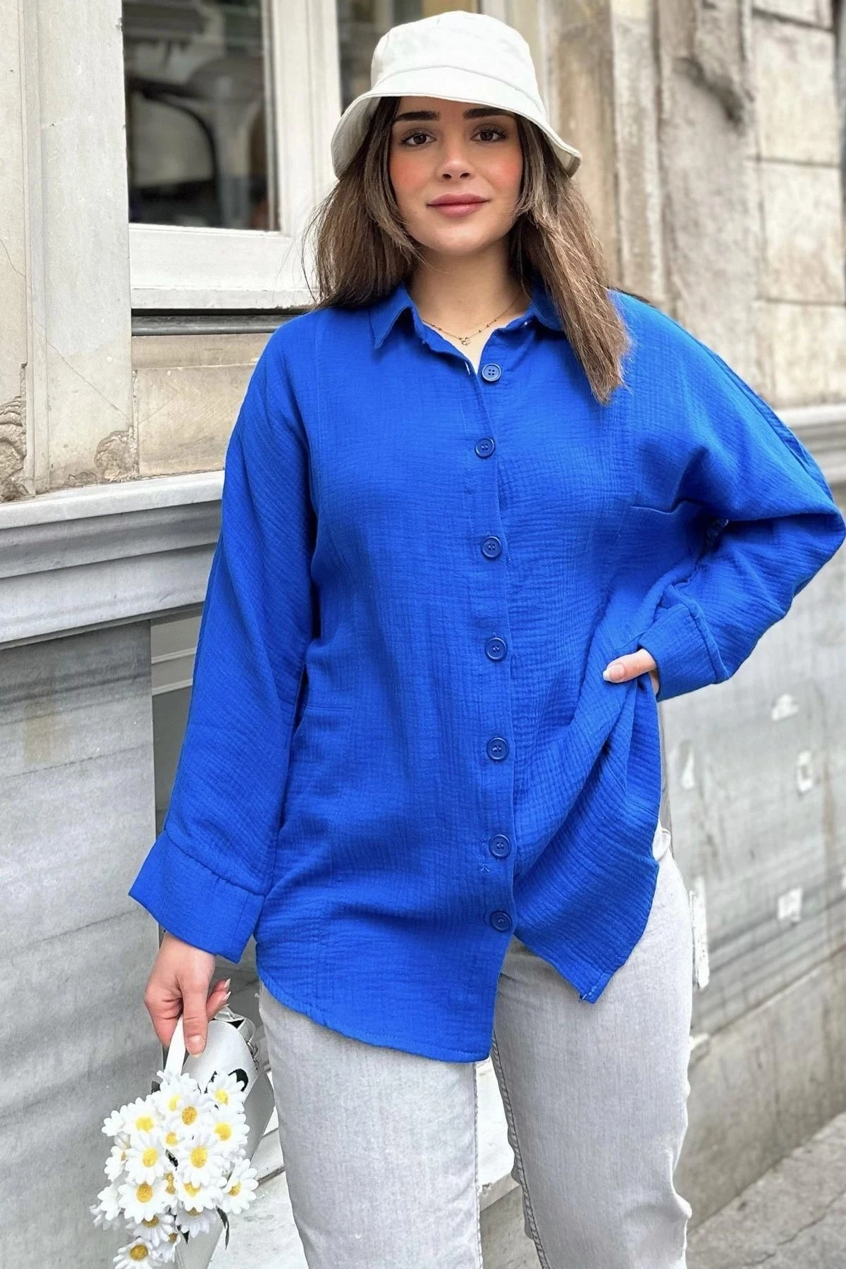 Kadın indigo Yarasa Kol, Cep Detaylı, Salaş Müslin Gömlek