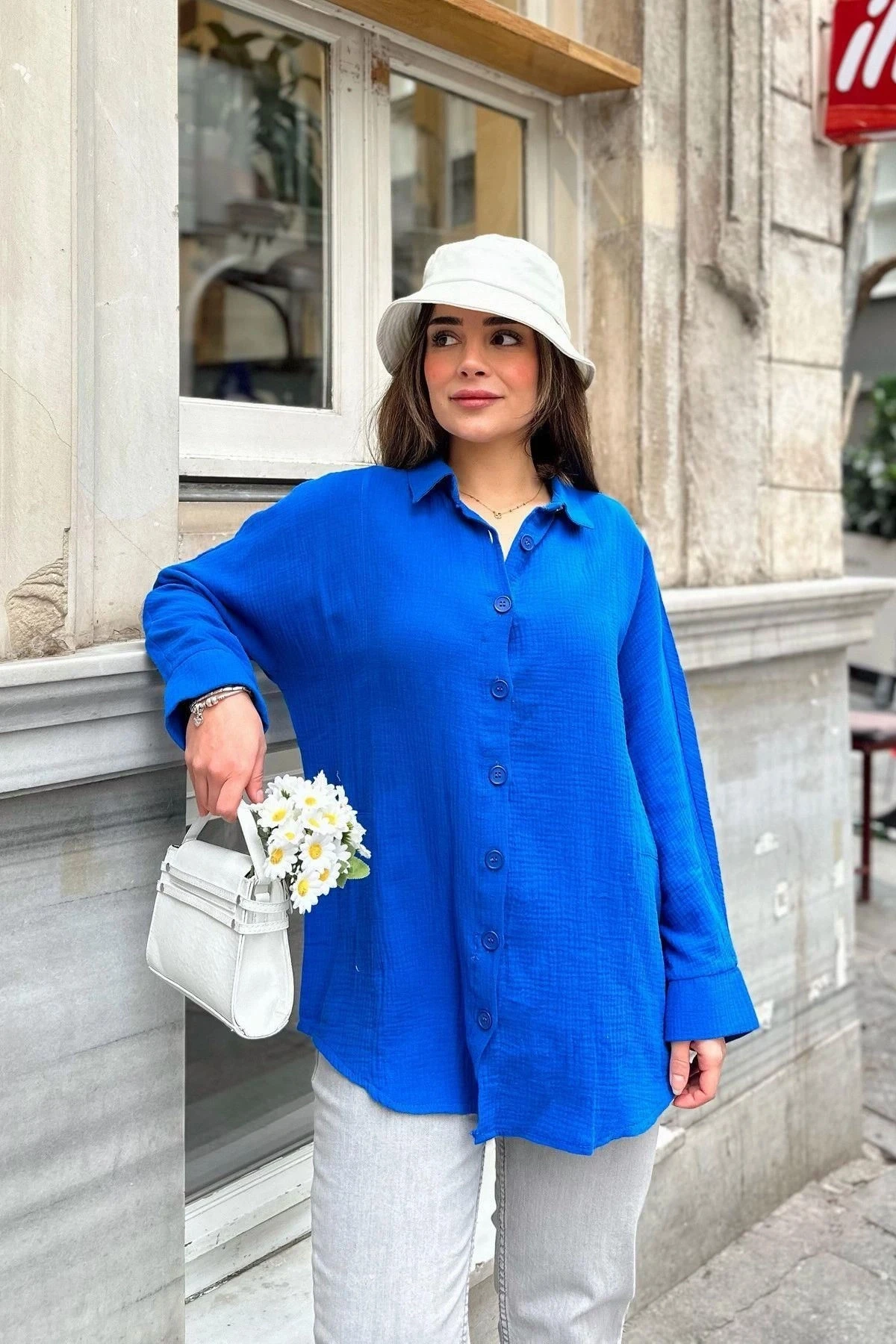 Kadın indigo Yarasa Kol, Cep Detaylı, Salaş Müslin Gömlek