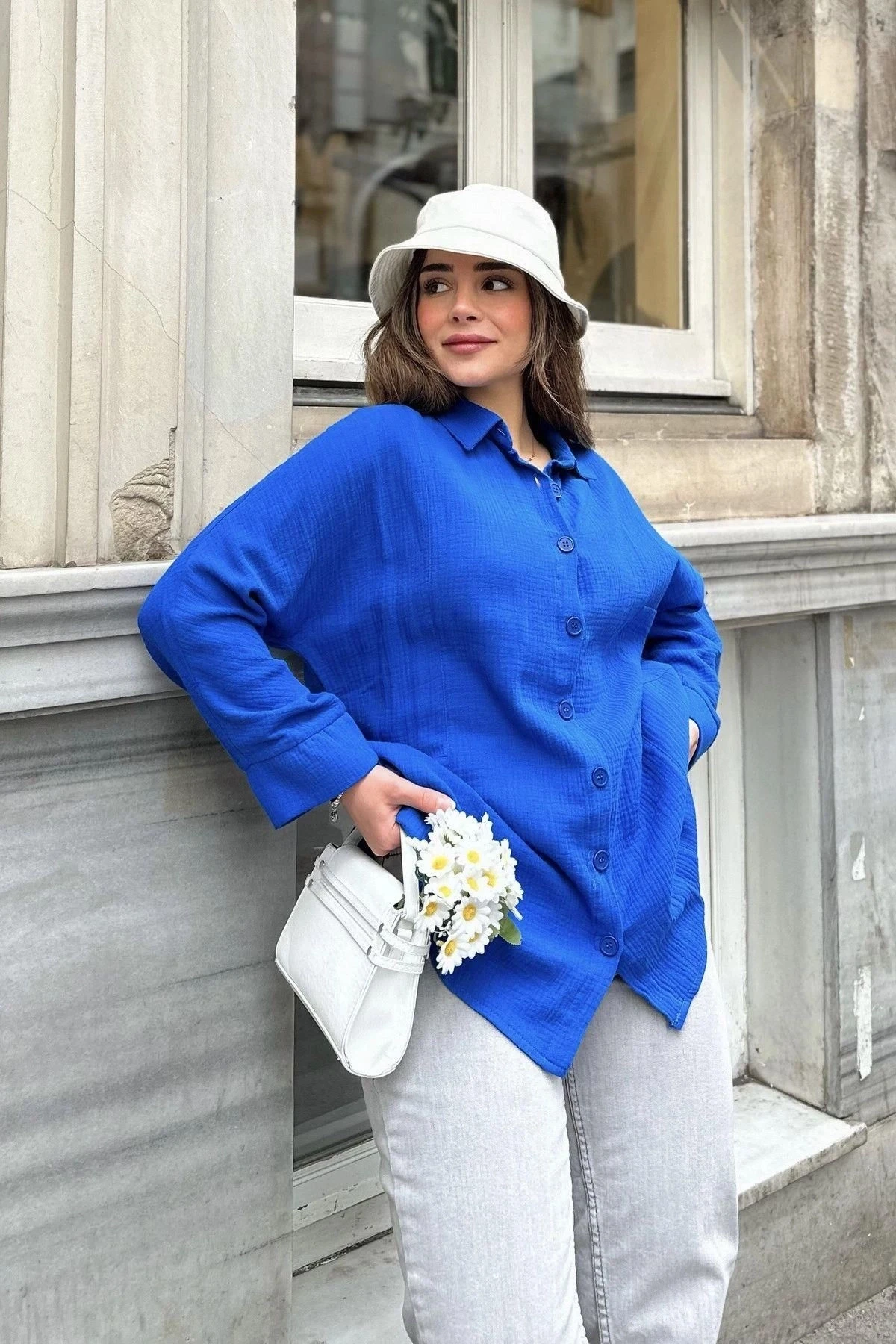 Kadın indigo Yarasa Kol, Cep Detaylı, Salaş Müslin Gömlek