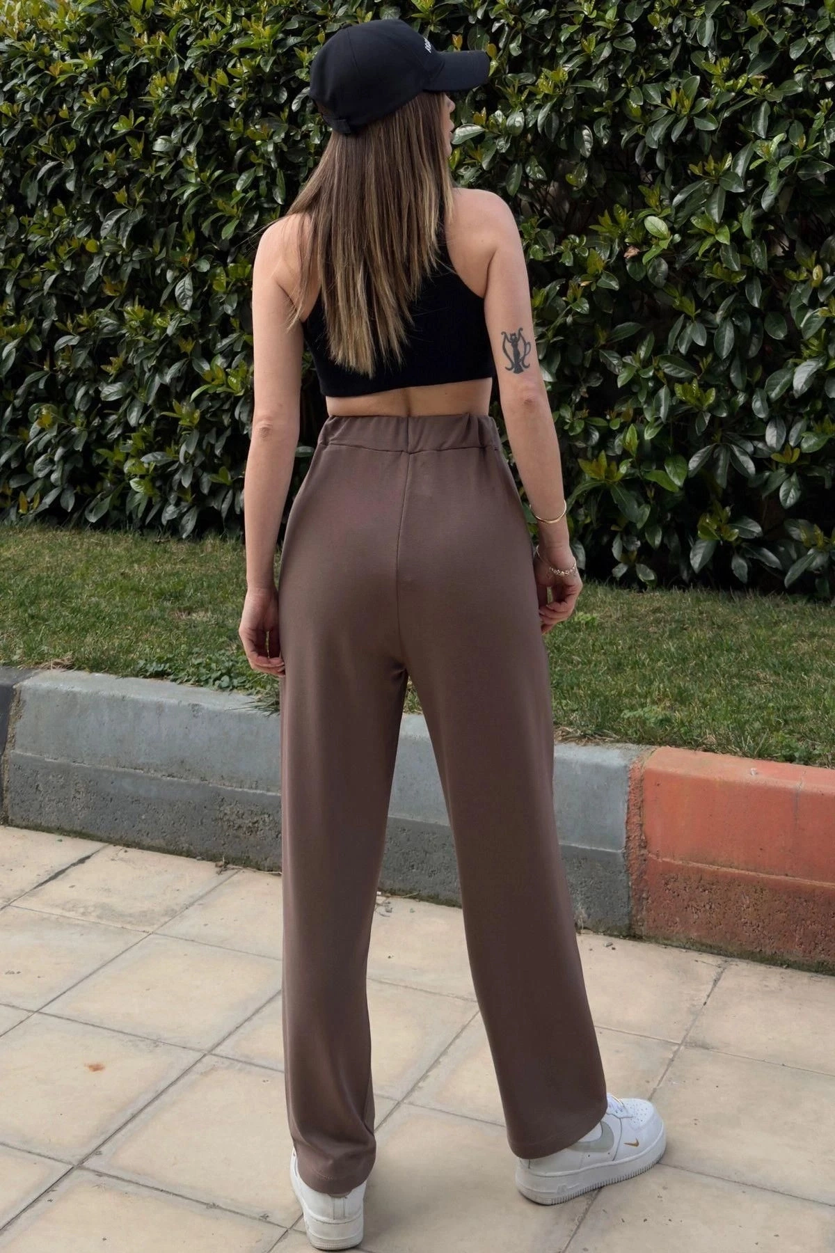 Kadın Kahve Beli Lastikli, Cepli, Paçası Pliseli, Salaş Pantolon