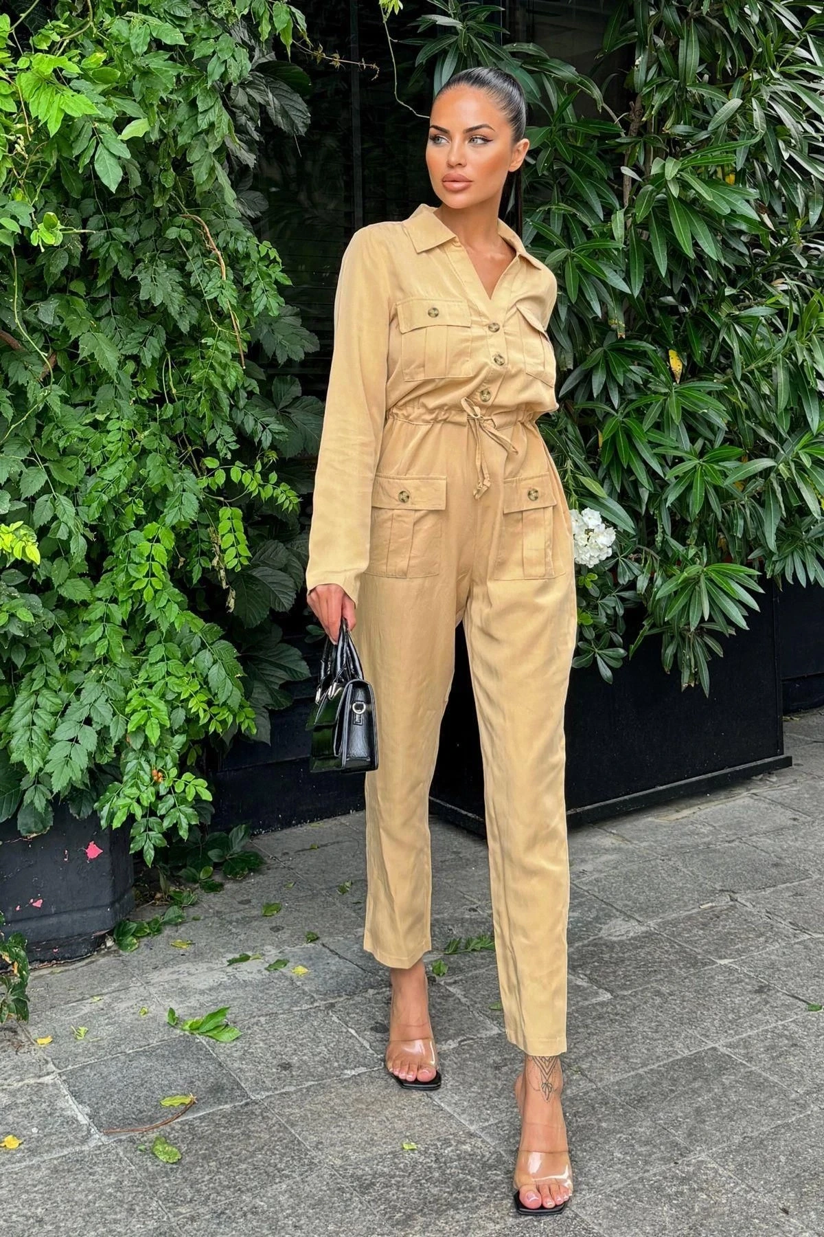 Kadın Karamel Uzun Kol, Gömlek Yaka, Cepli, Kemerli, Airobin Safari Tulum