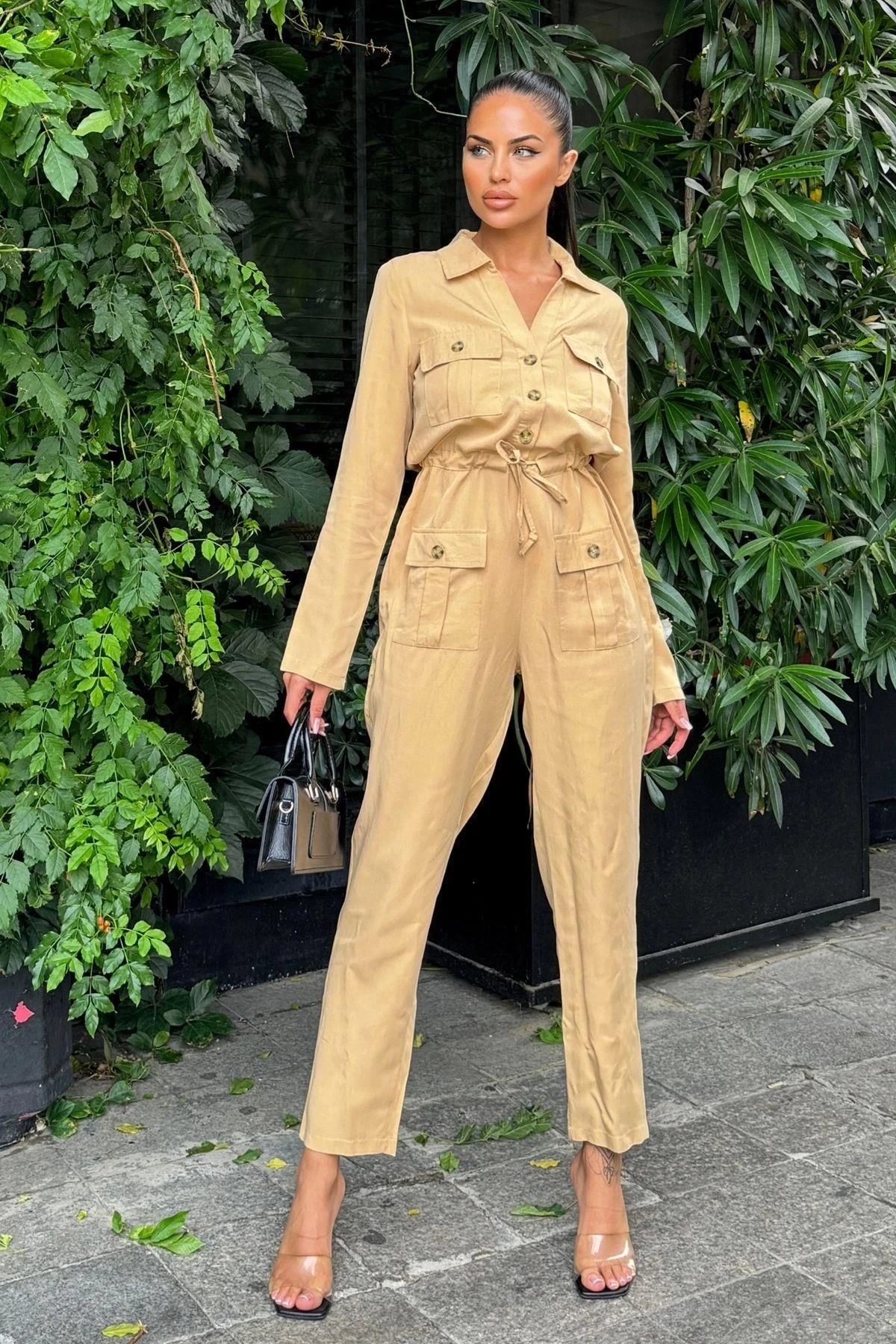 Kadın Karamel Uzun Kol, Gömlek Yaka, Cepli, Kemerli, Airobin Safari Tulum