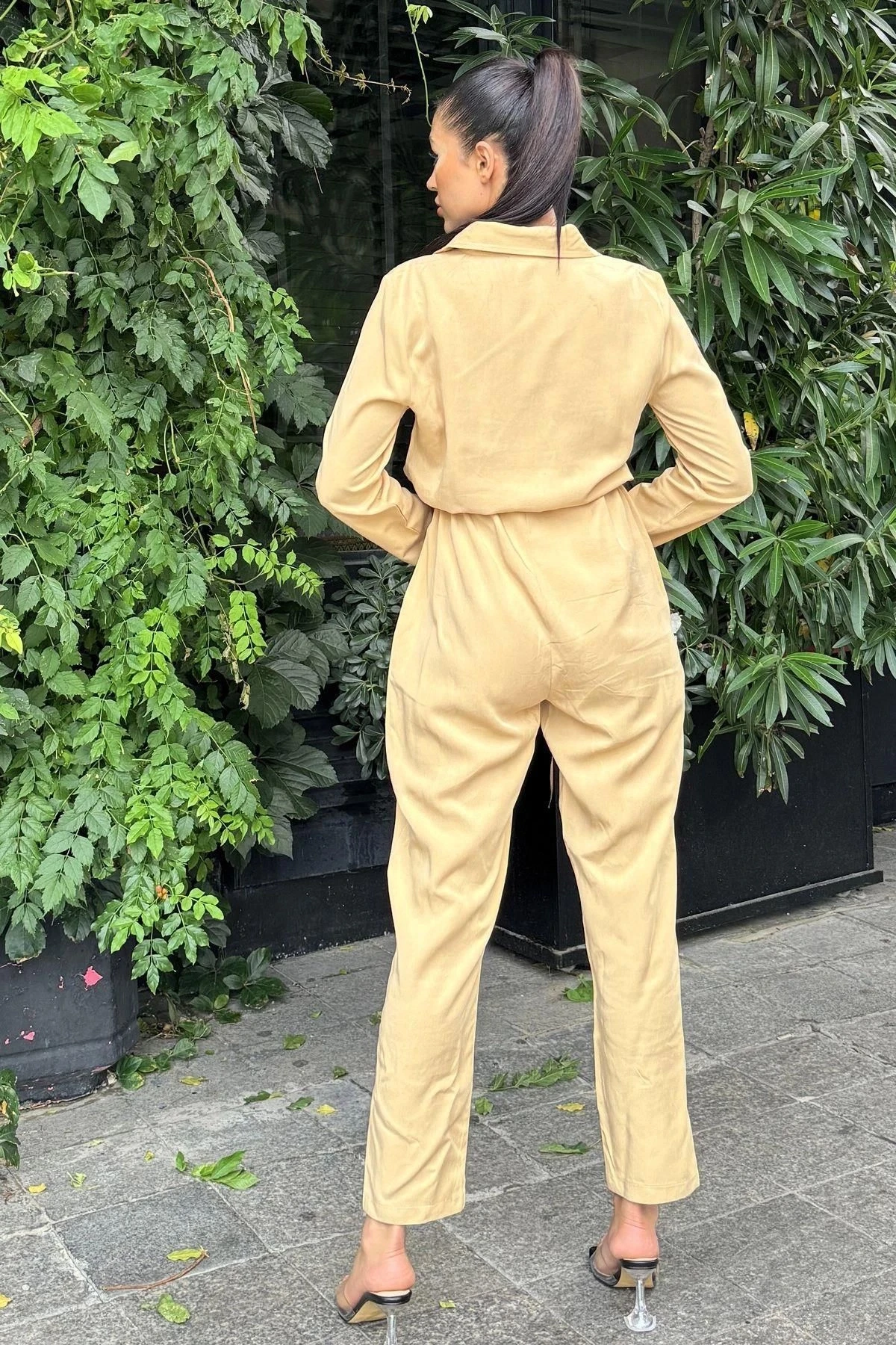 Kadın Karamel Uzun Kol, Gömlek Yaka, Cepli, Kemerli, Airobin Safari Tulum