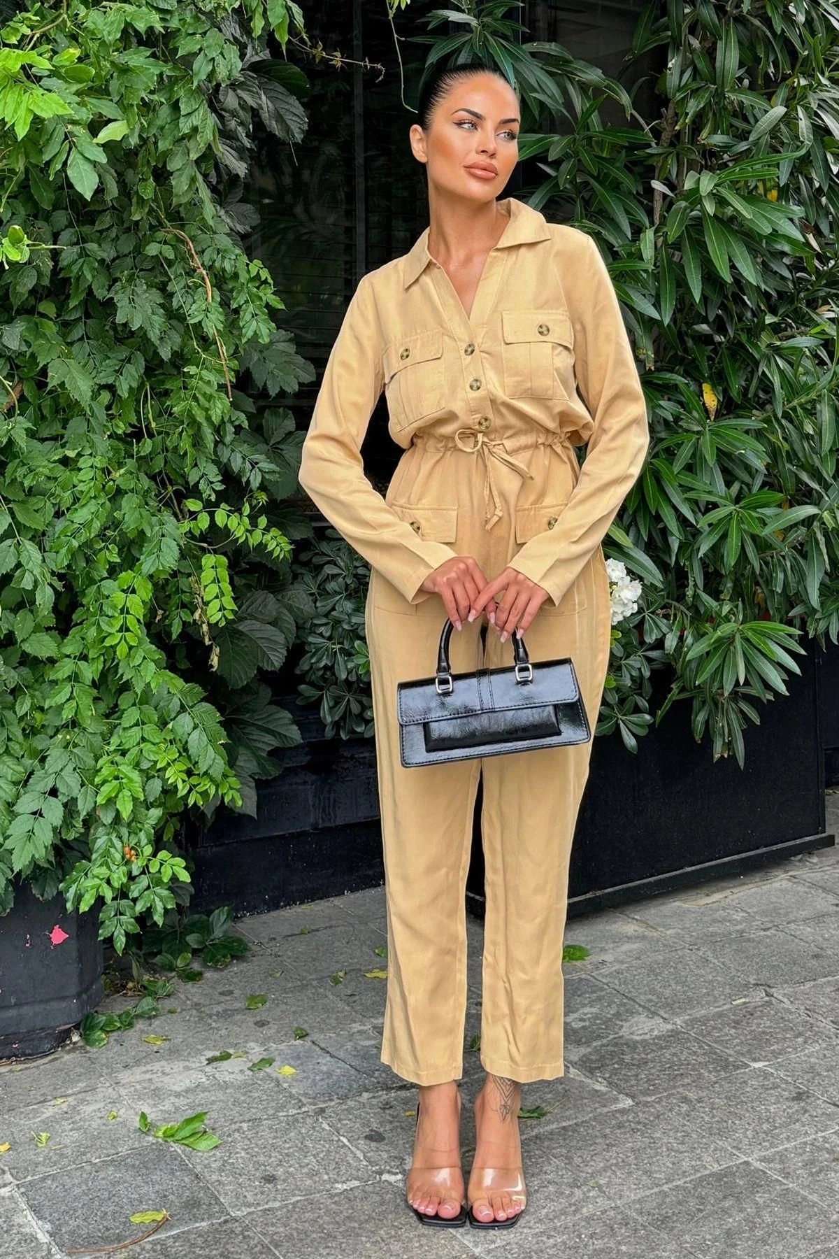 Kadın Karamel Uzun Kol, Gömlek Yaka, Cepli, Kemerli, Airobin Safari Tulum