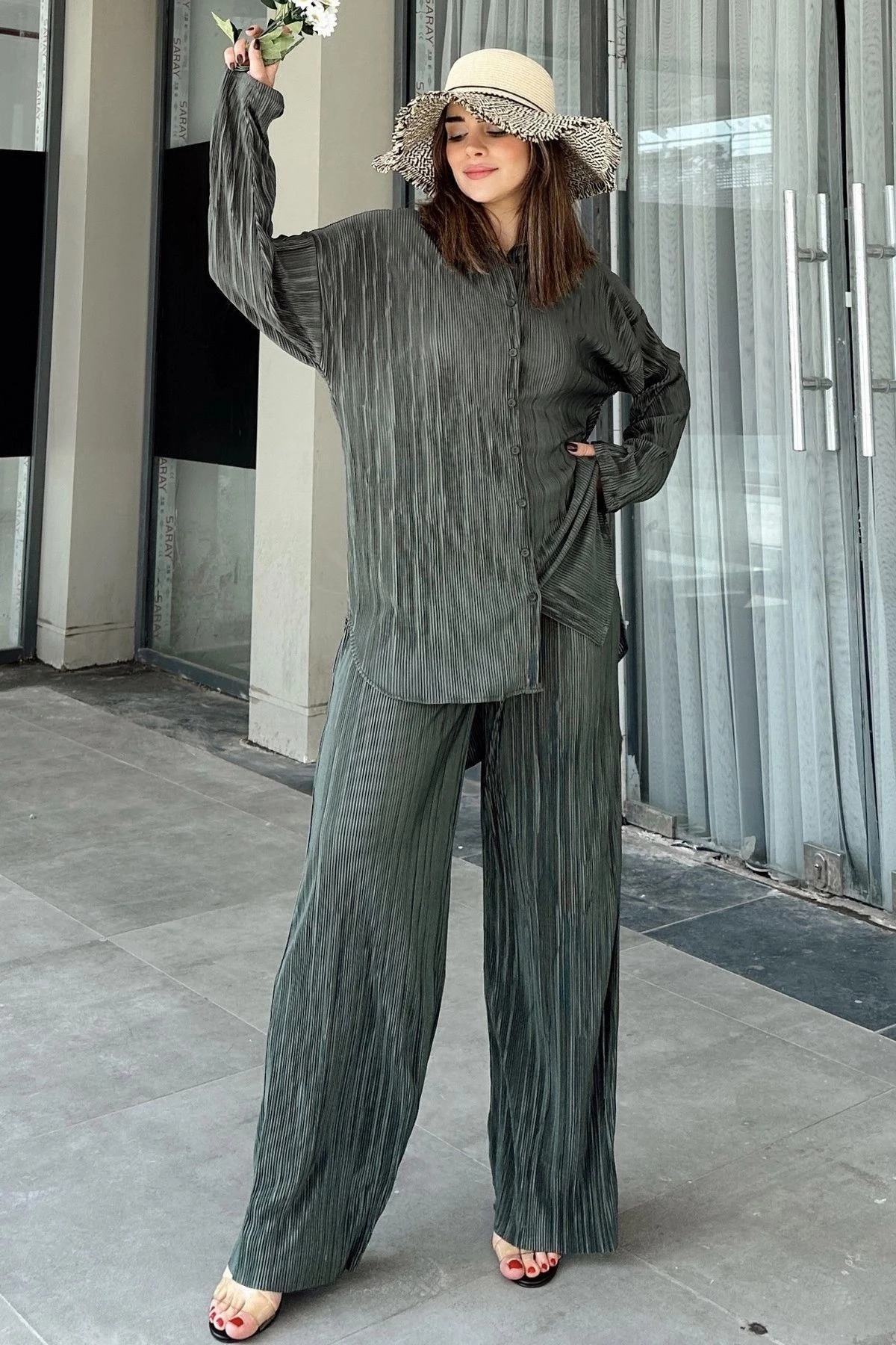 Kadın Koyu Yeşil Uzun Tunik Gömlek & Beli Lastikli, Bol Paça Pantolon - Salaş Bürümcük Takım