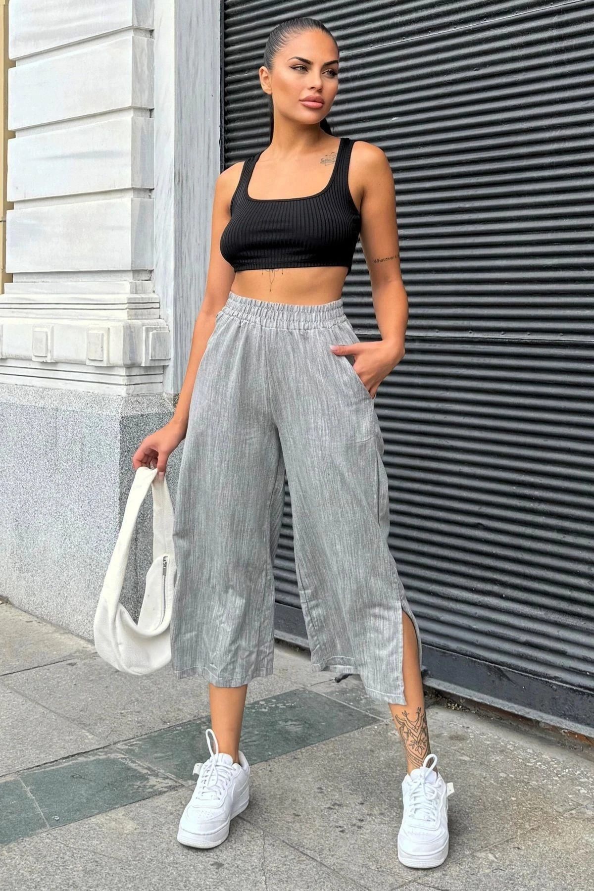 Kadın Laci Lastikli Yüksek Bel, Cepli, Yırtmaçlı, Geniş Paça, Salaş Keten Kapri Pantolon