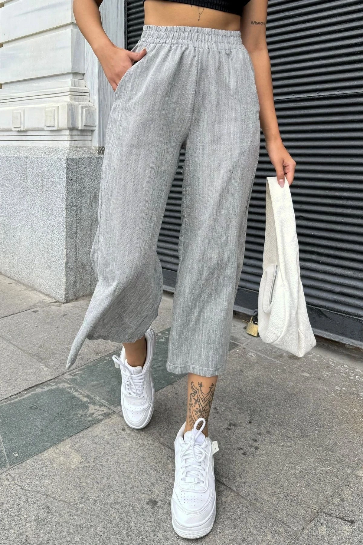 Kadın Laci Lastikli Yüksek Bel, Cepli, Yırtmaçlı, Geniş Paça, Salaş Keten Kapri Pantolon